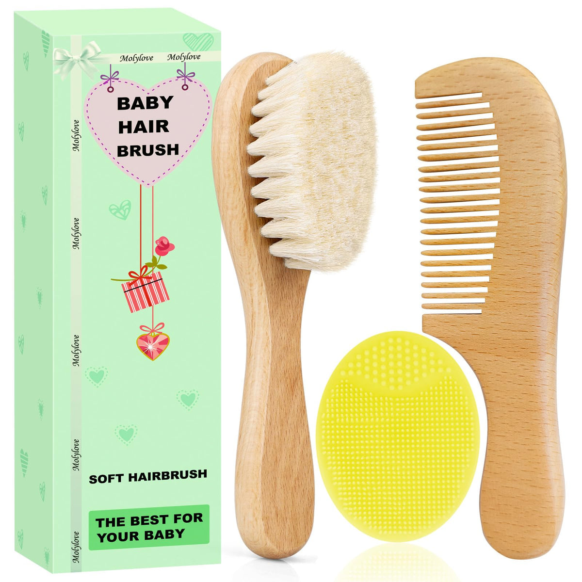 Molylove baby hair brush close-up shows gentle goat bristles on delicate scalp