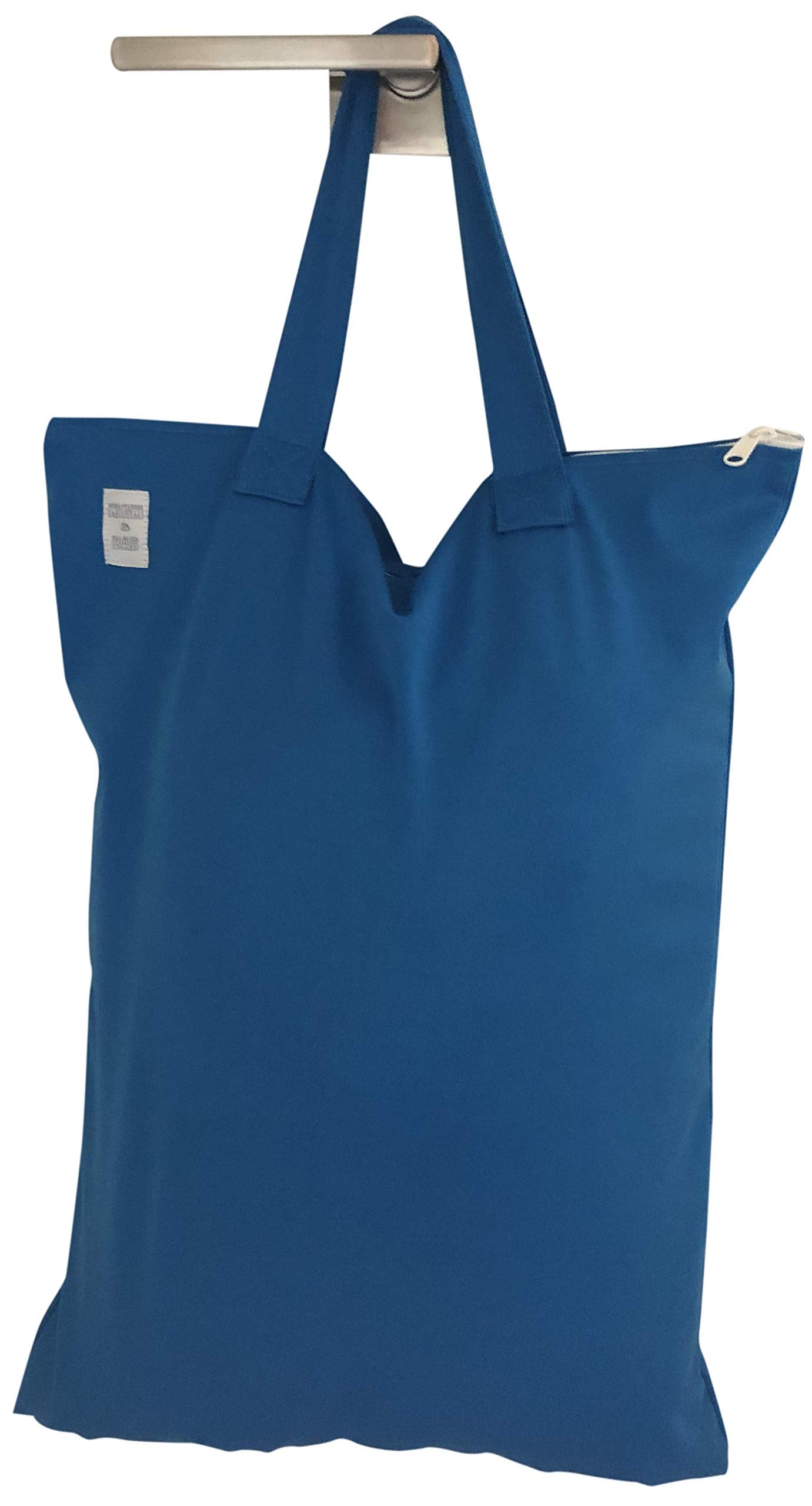 MOM & BAB wet bag blue-gray durable polyester with inner PUL for moisture protection.
