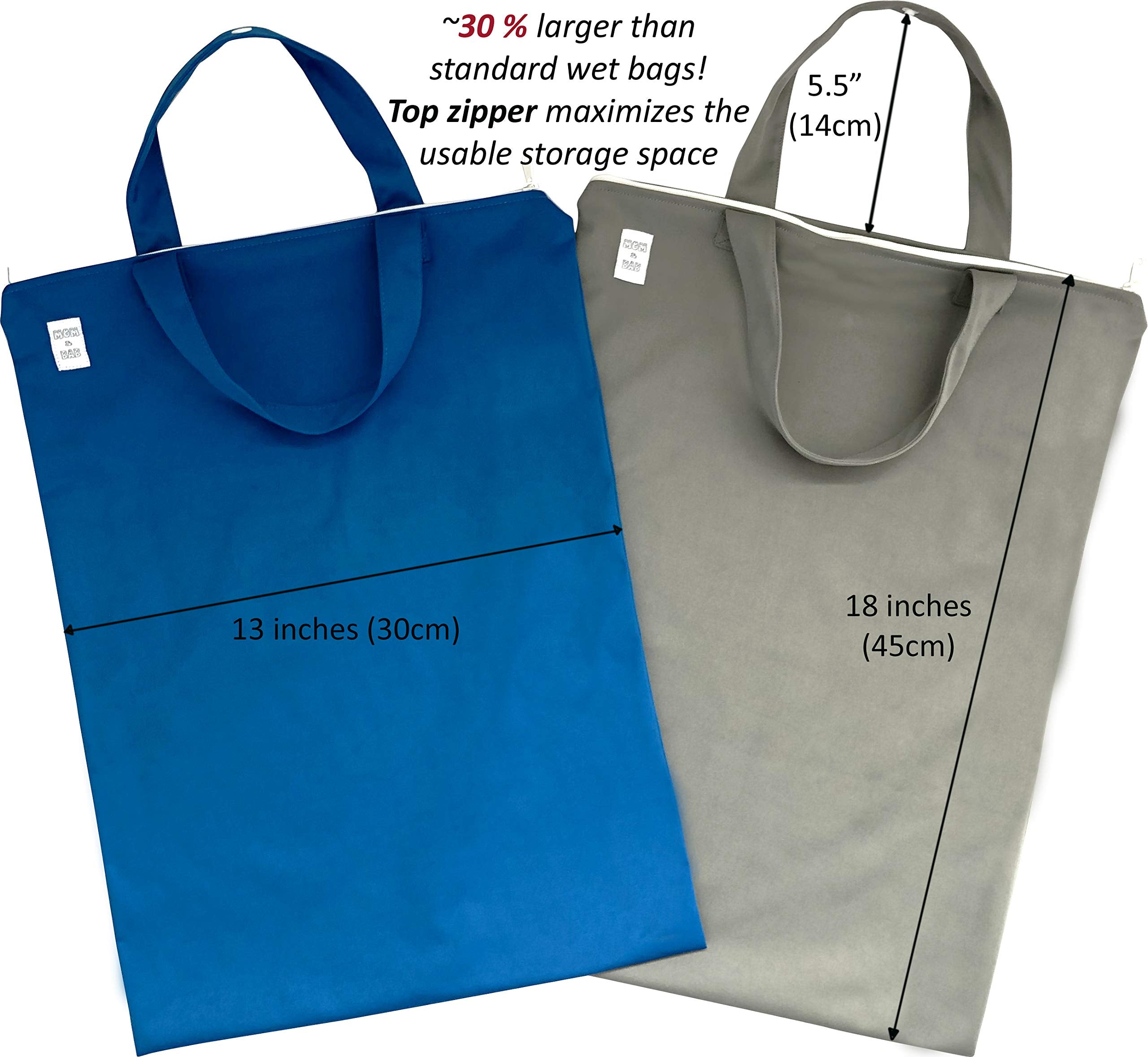 MOM & BAB wet bag blue-gray larger size fits multiple diapers or towels.