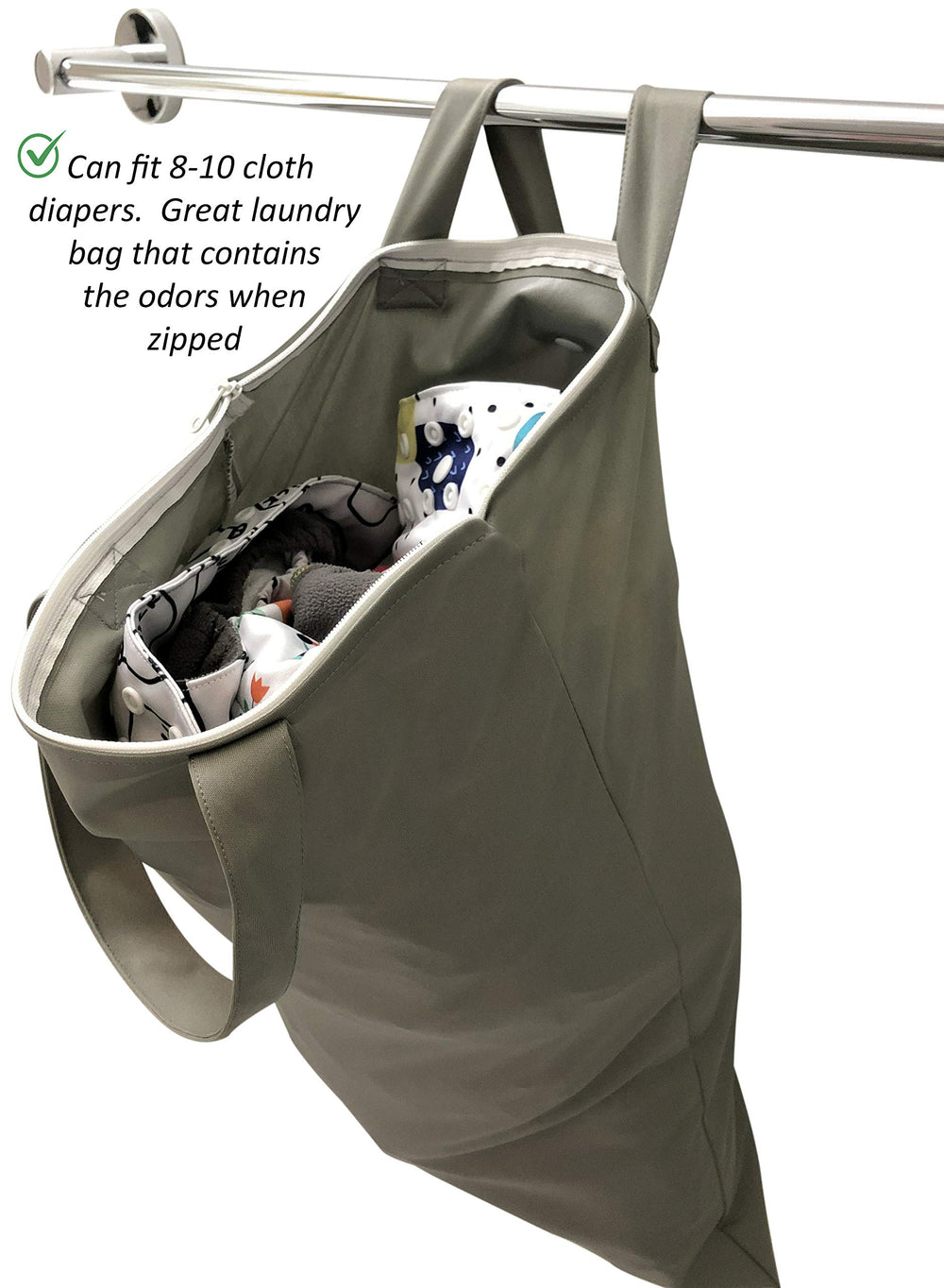 MOM & BAB wet bag blue-gray machine washable and dryer friendly.