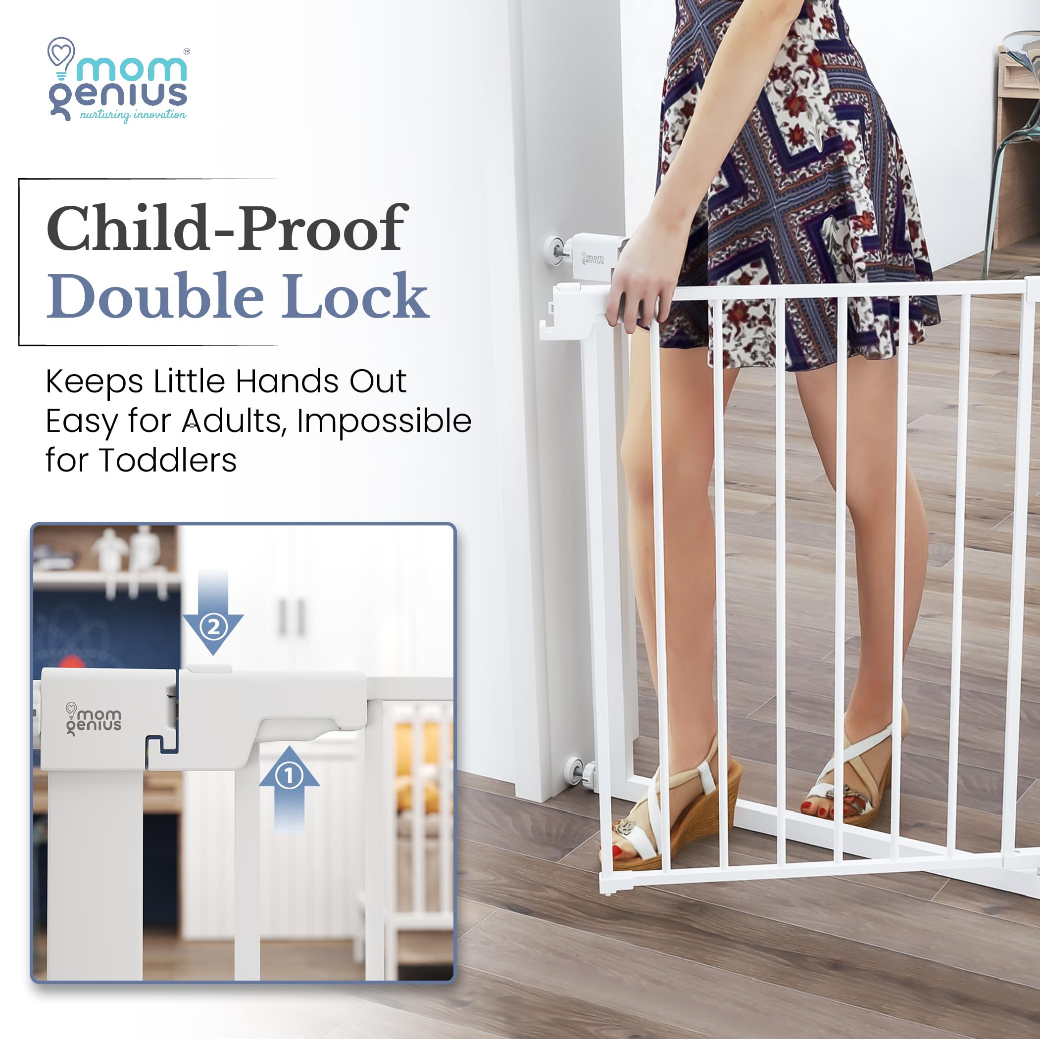 Mom Genius auto-close gate for safe stair passage and hands-free operation