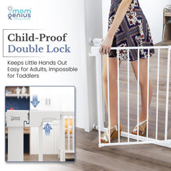 Mom Genius auto-close gate provides hands-free safety at entry points.