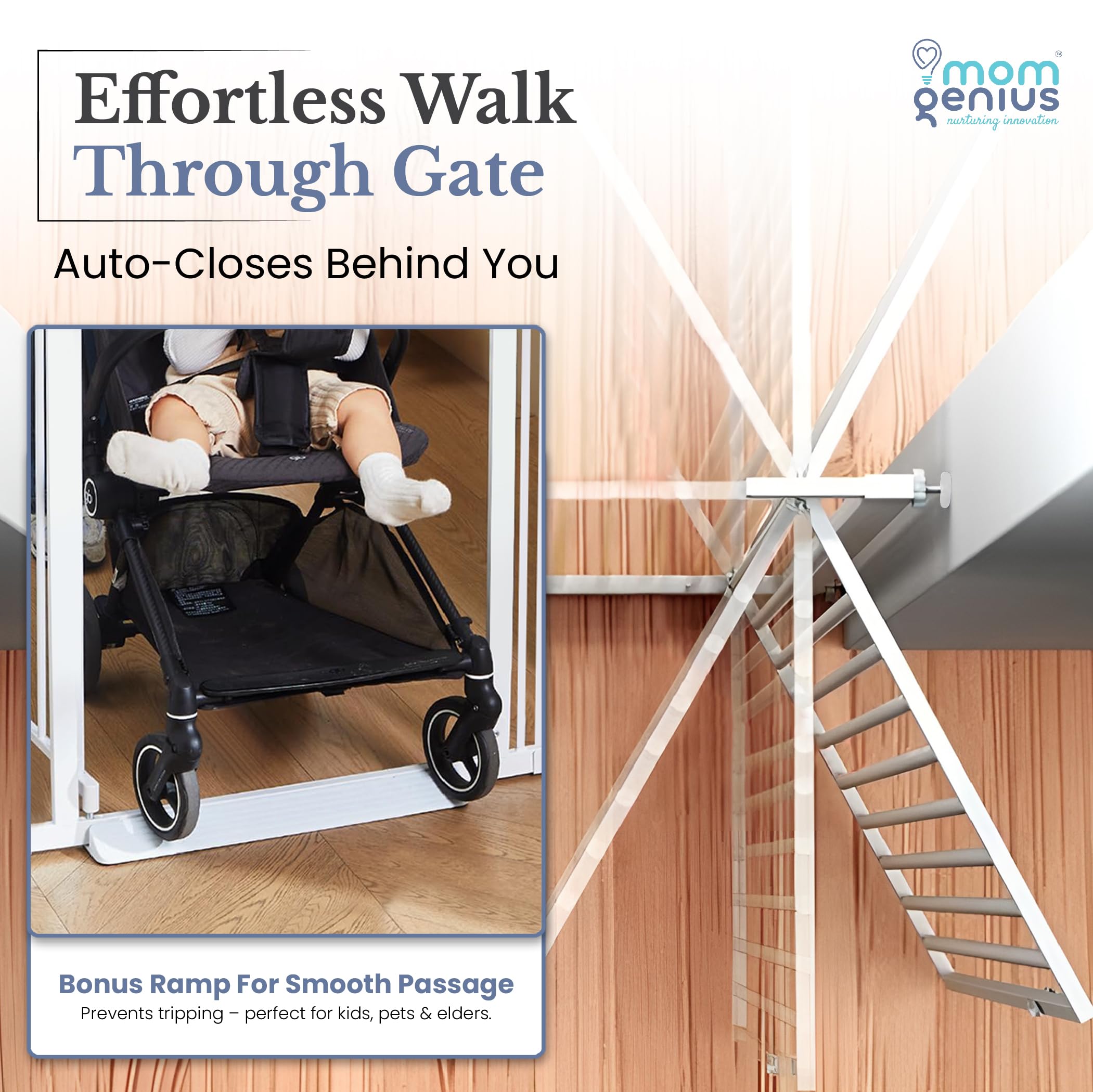 Mom Genius gate doubles as a stair barrier for pets and kids.
