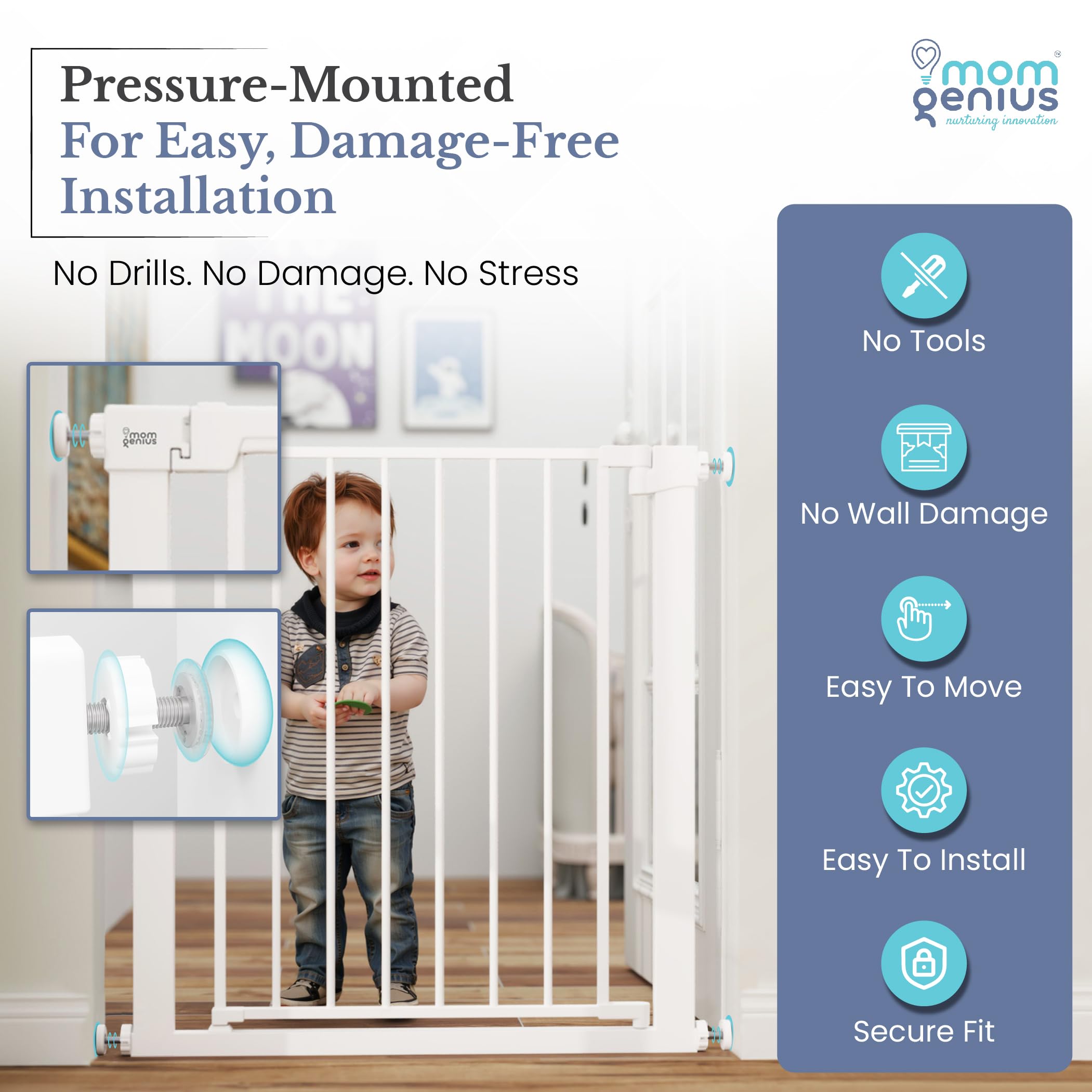 Mom Genius extensions included to adapt the width for stairs and doorways.