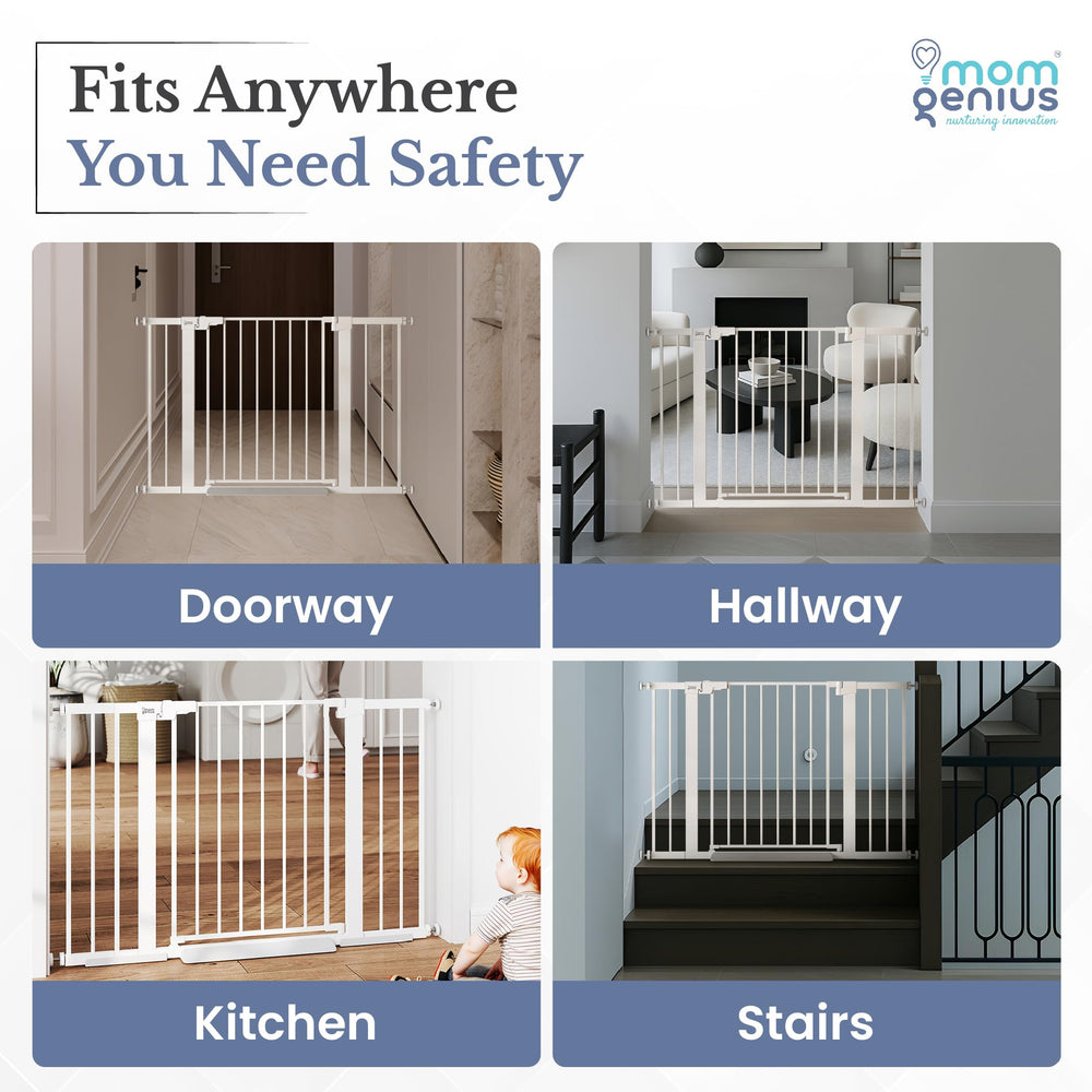 Mom Genius sturdy metal gate keeps kitchens and hallways safer.