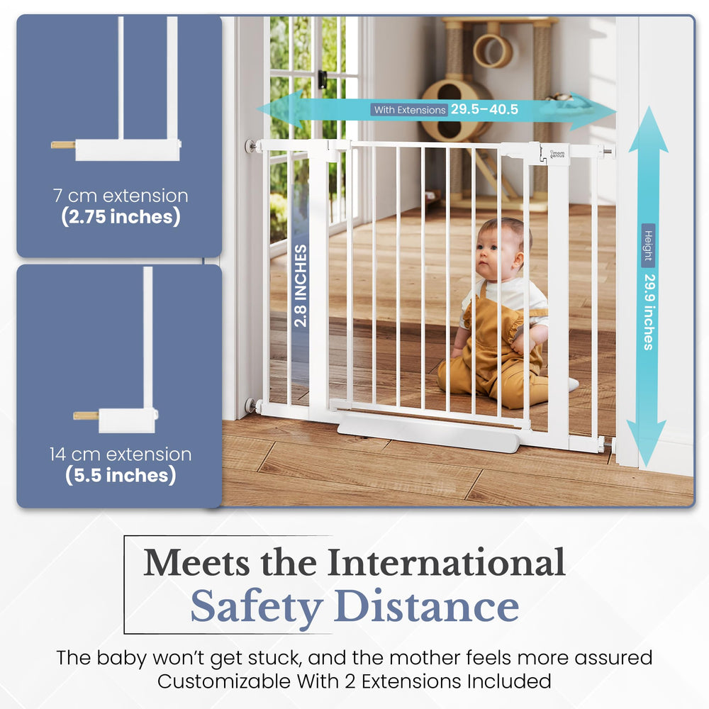 Mom Genius pressure-mount gate installs without tools for wall-friendly setup.