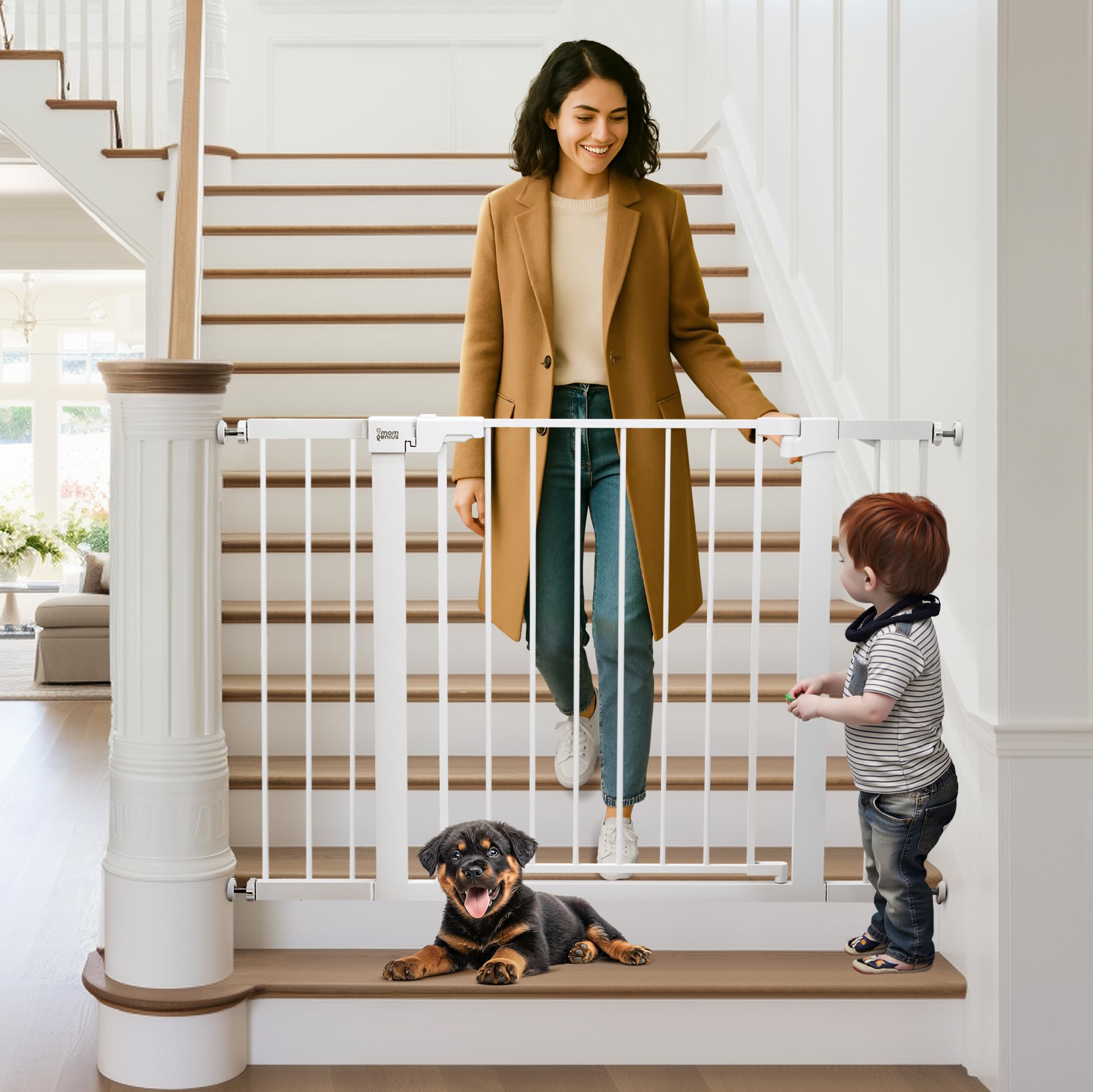 Mom Genius pressure-mounted baby gate for stairs with secure, no-drill installation and one-handed use