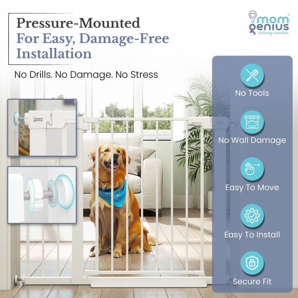 Mom Genius wall-friendly no-drill gate protects walls while secure swing opening