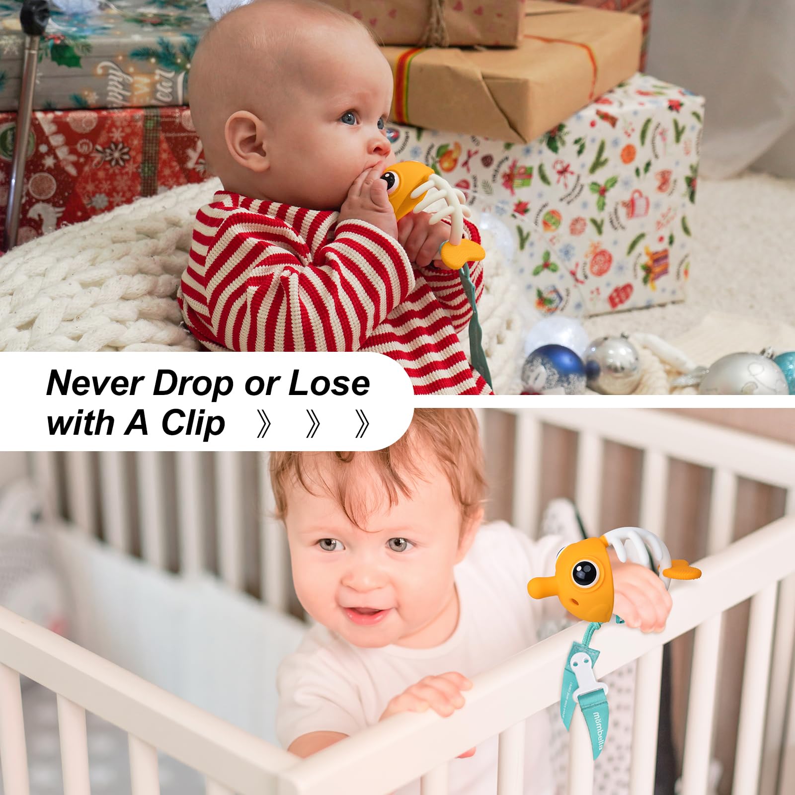 Mombella Clownfish teether 3-in-1 serves as soothing teether and engaging fidget.
