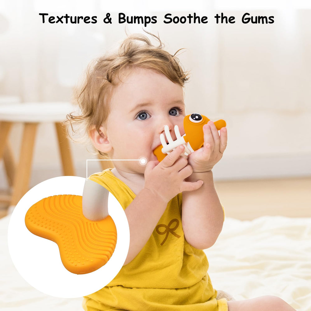 Mombella Clownfish teether hollow center aids tiny hands to grasp easily.