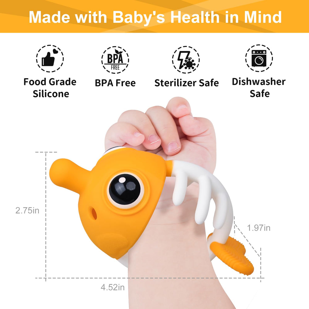 Mombella Clownfish teether features pressable eyes for interactive sensory play.