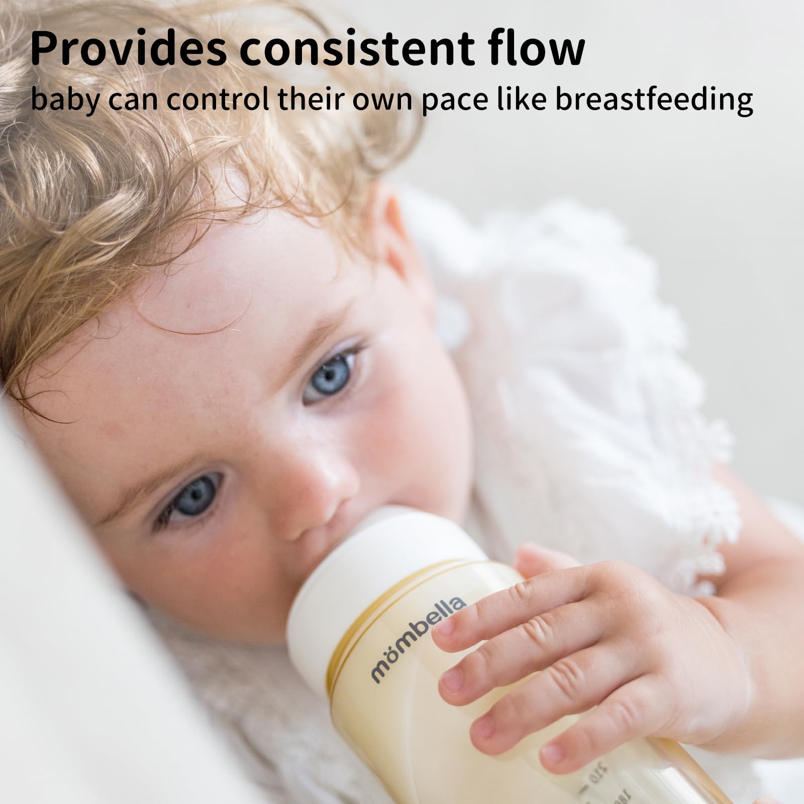 Mombella silicone nipple promotes easy latch for newborns.