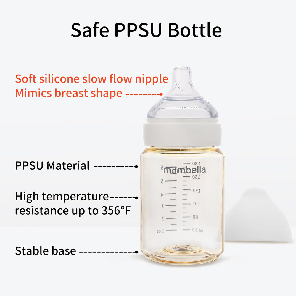 Mombella bottle with stable base to prevent tipping during feeds.