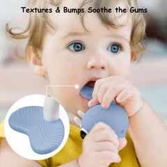 Mombella teether clip no-drop-strap secured to clothing prevents loss.