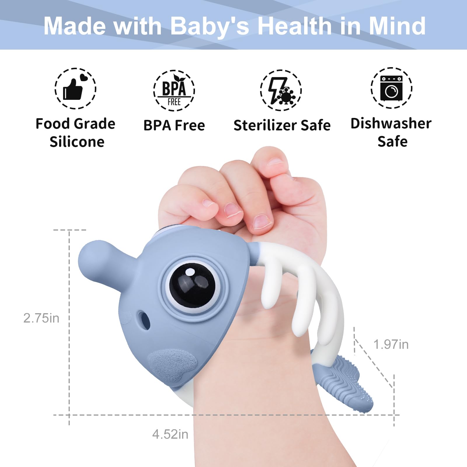 Mombella teething toy fits tiny hands for better grip and chewing.