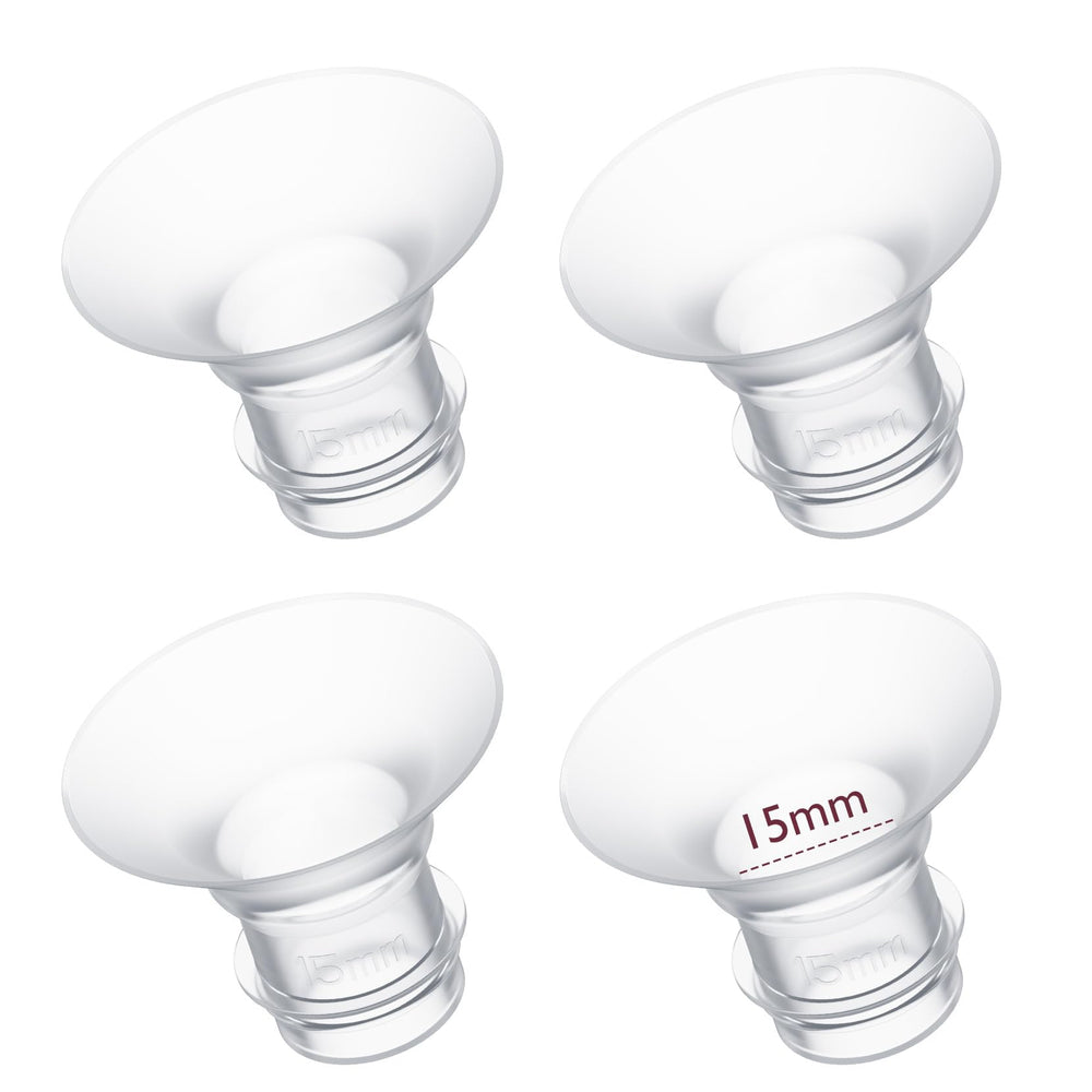 Momcozy 15mm flange insert demonstrates compatibility with 24mm flanges for versatile pumping