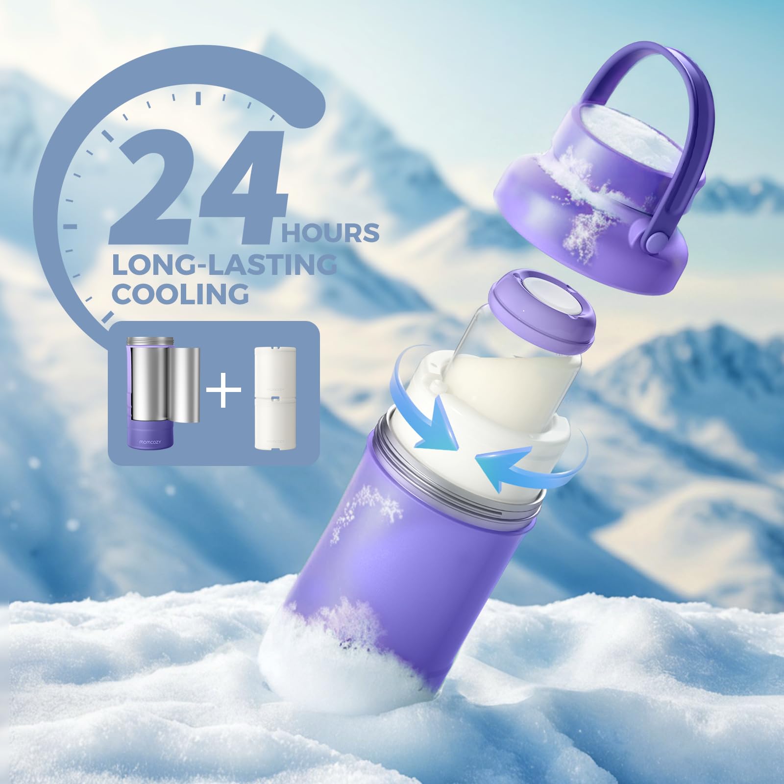Momcozy cooling tubes visible; 360° cooling design for consistent temperature.