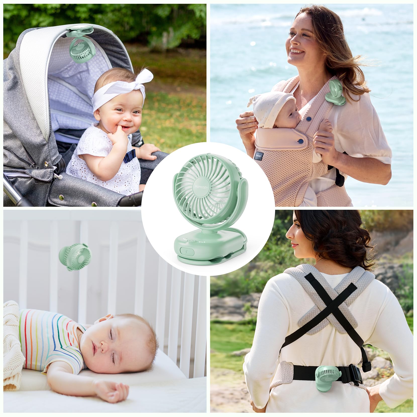 Momcozy 315-degree horizontal pivot directs breeze across a stroller or chair