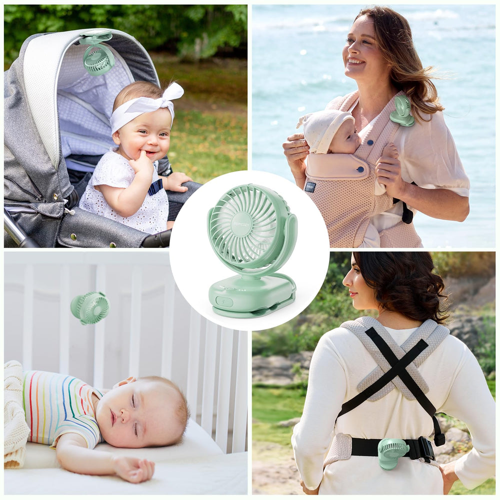 Momcozy 315-degree horizontal pivot directs breeze across a stroller or chair