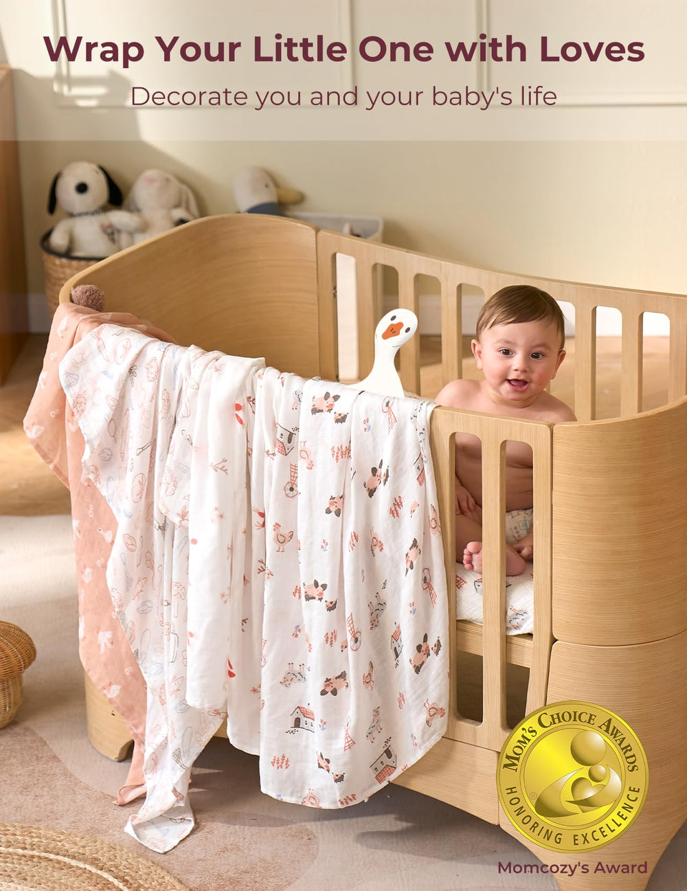 Momcozy 47x47 inches swaddle blanket, large and adaptable.