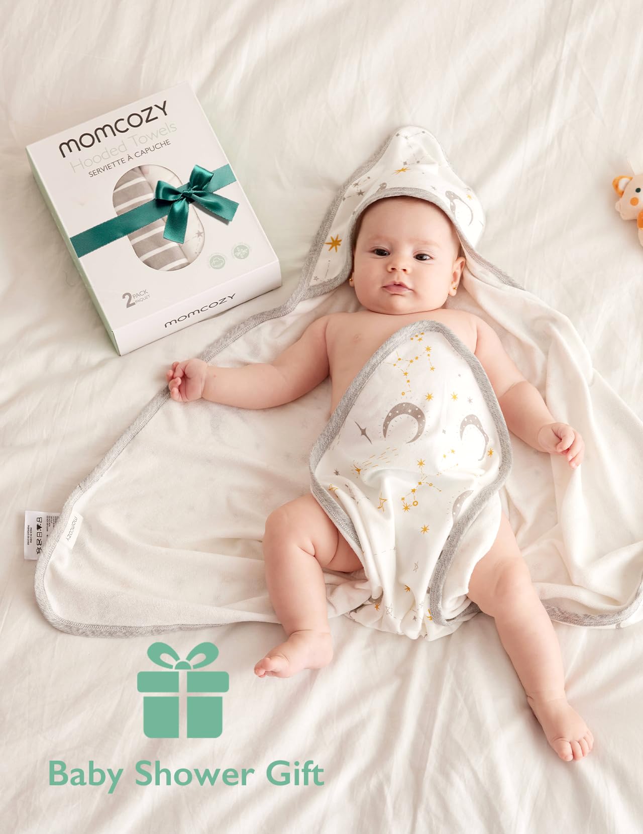 Momcozy absorbent knit hooded towel dries quickly and stays warm after bath.
