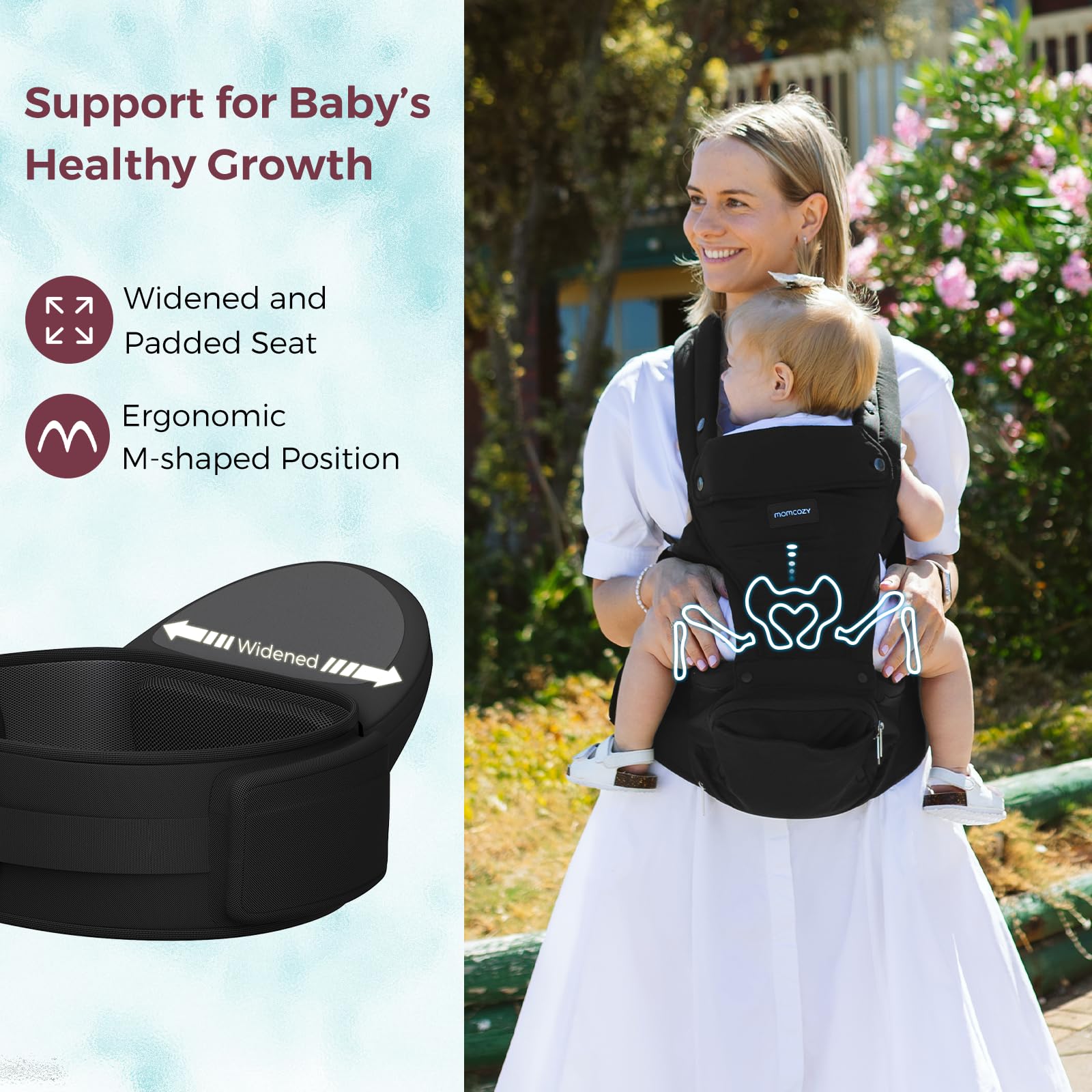 Momcozy all-season material keeps baby and parent comfortable year-round.