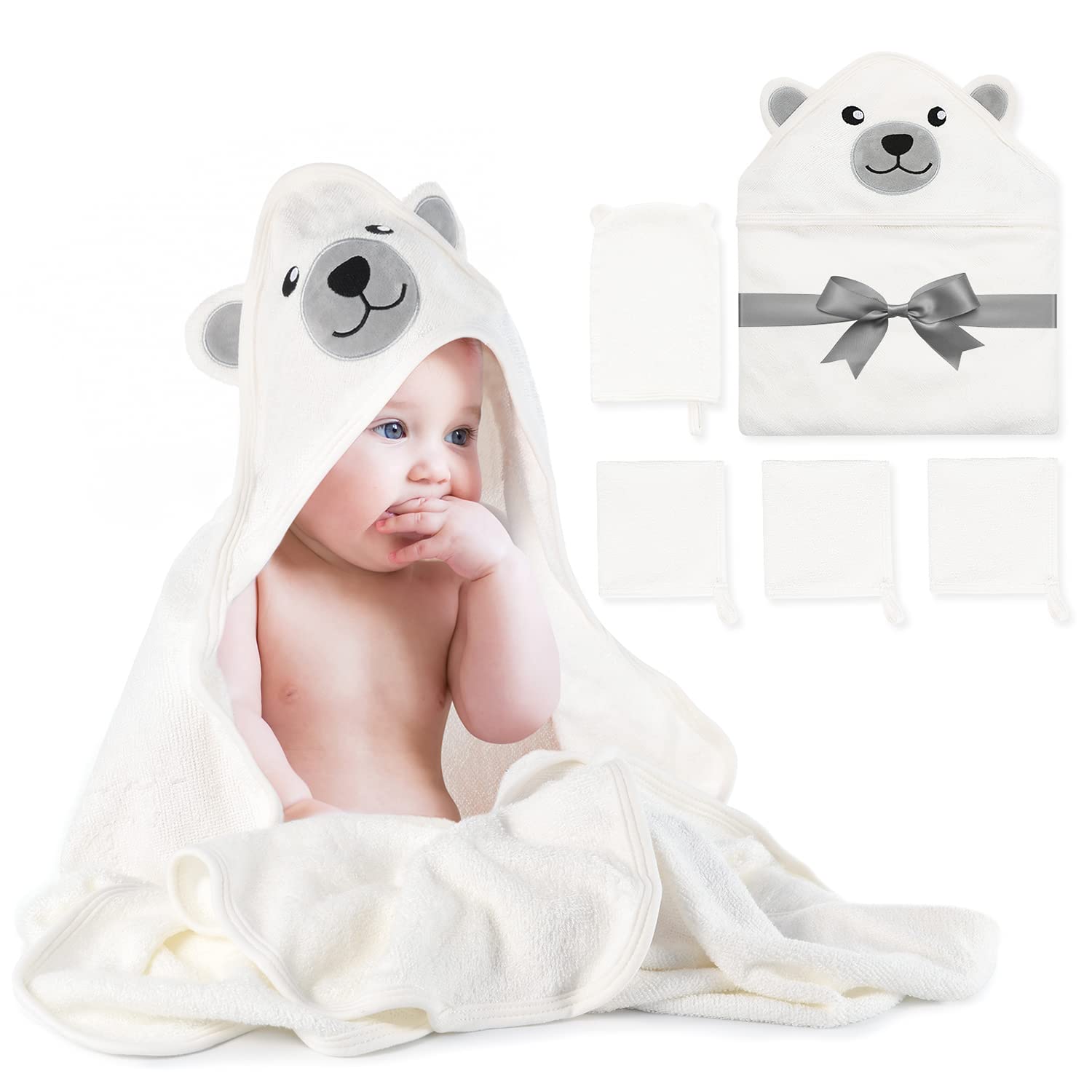 Momcozy hooded towel with elephant design for baby baths, cozy and cute.
