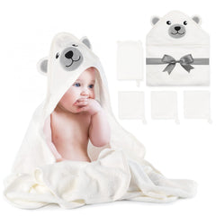 Momcozy hooded towel with elephant design for baby baths, cozy and cute.