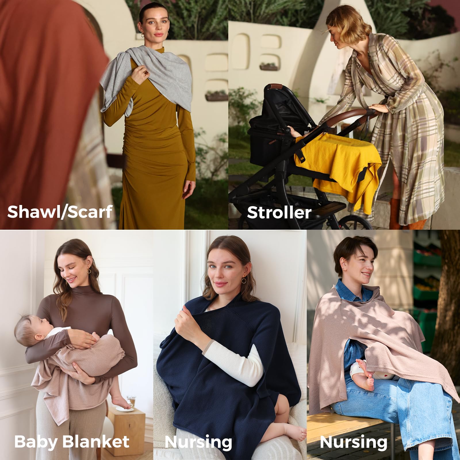 Chic brown poncho-style nursing cover from Momcozy blends with outfits.