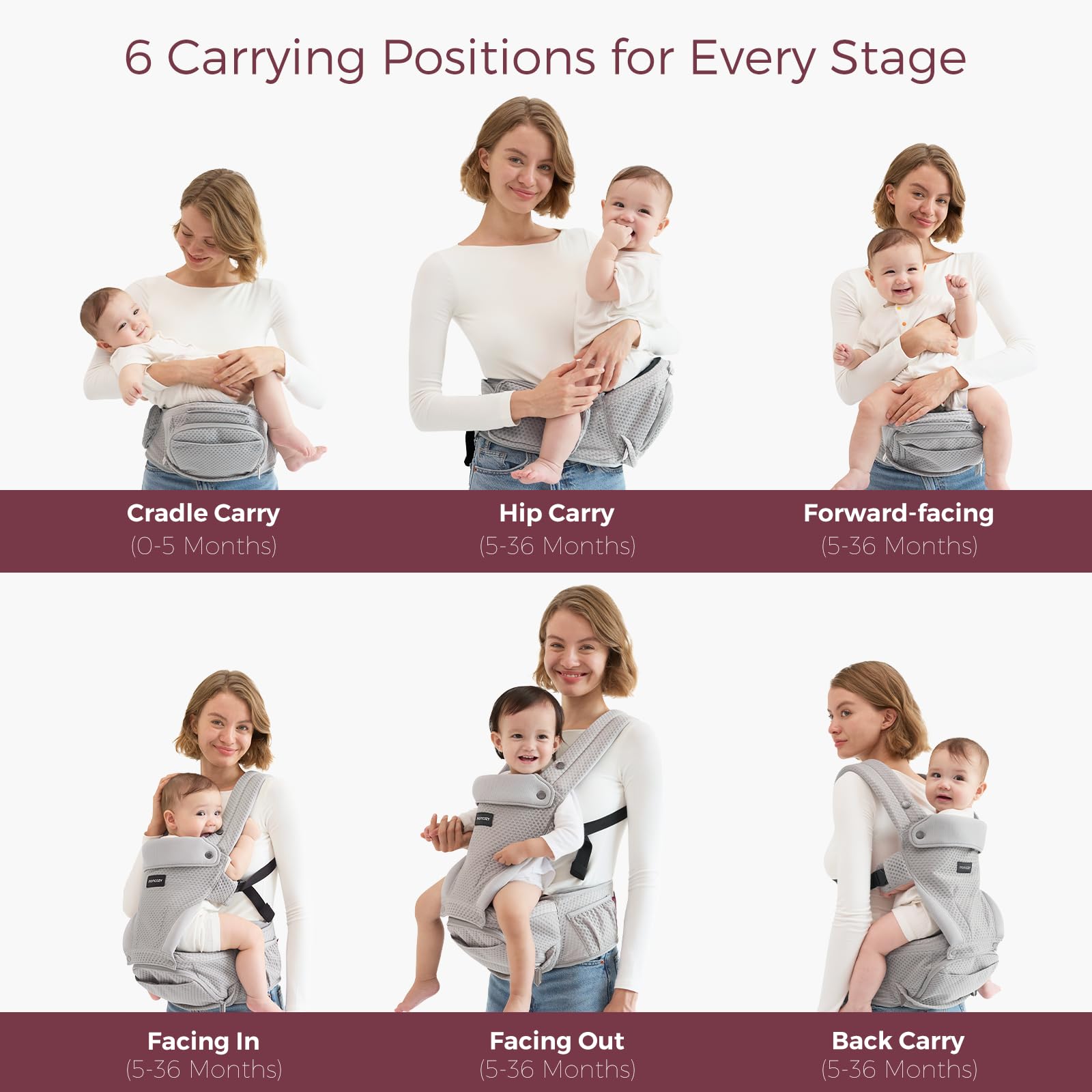 Momcozy carrier 360-rotation—six versatile positions to adjust as your baby grows.