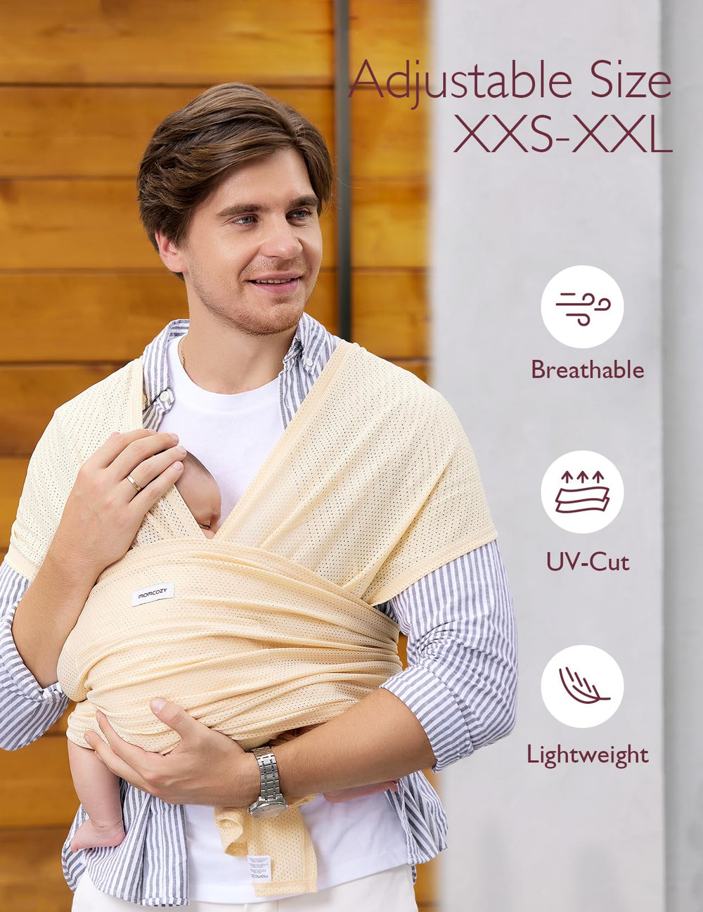 Momcozy AirMesh beige ergonomic design illustrating balanced weight distribution