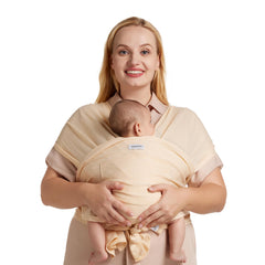 Momcozy AirMesh beige front view shows breathable fabric for hands-free everyday tasks