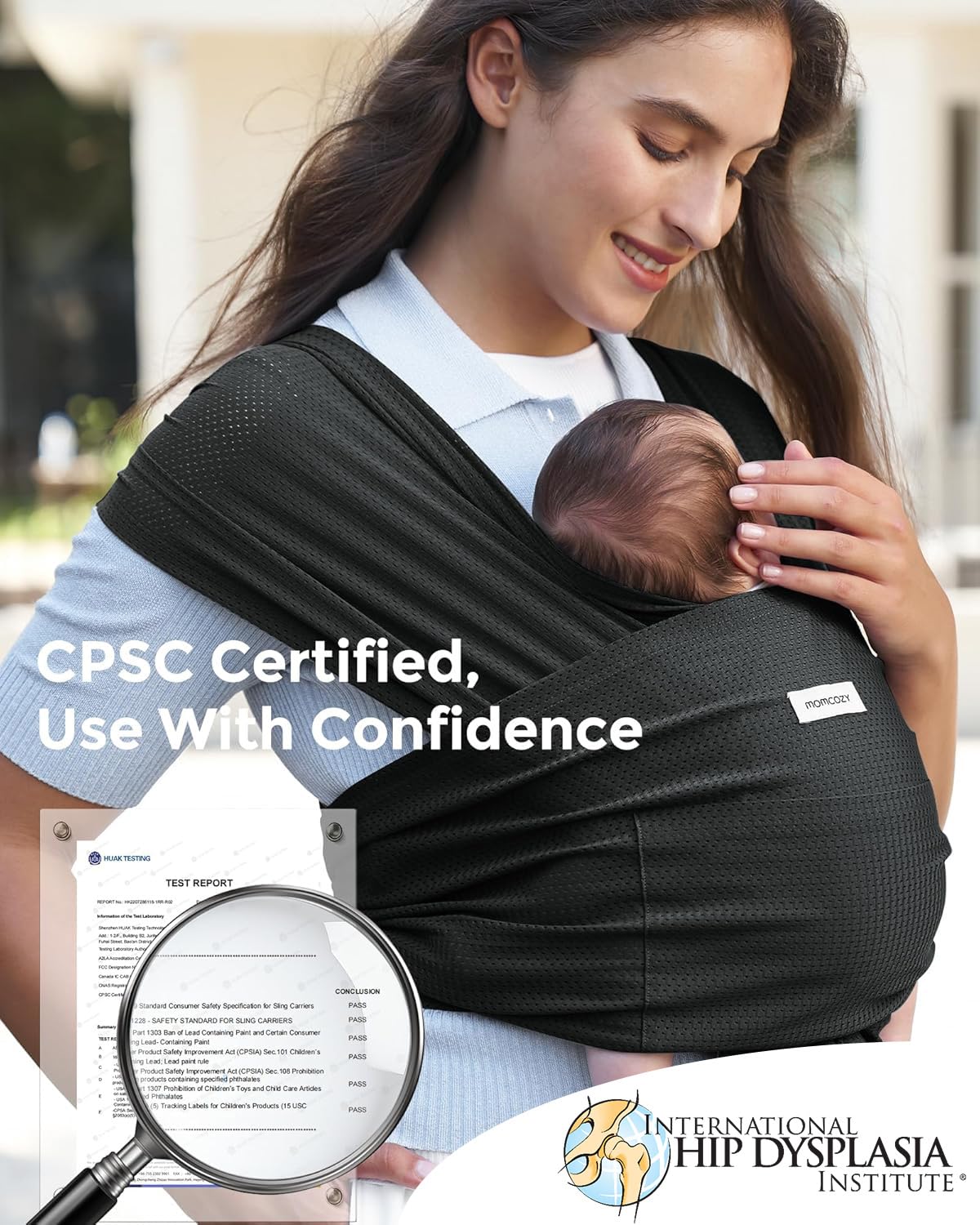 Momcozy carrier supports newborns to toddlers with ergonomic M-position design.