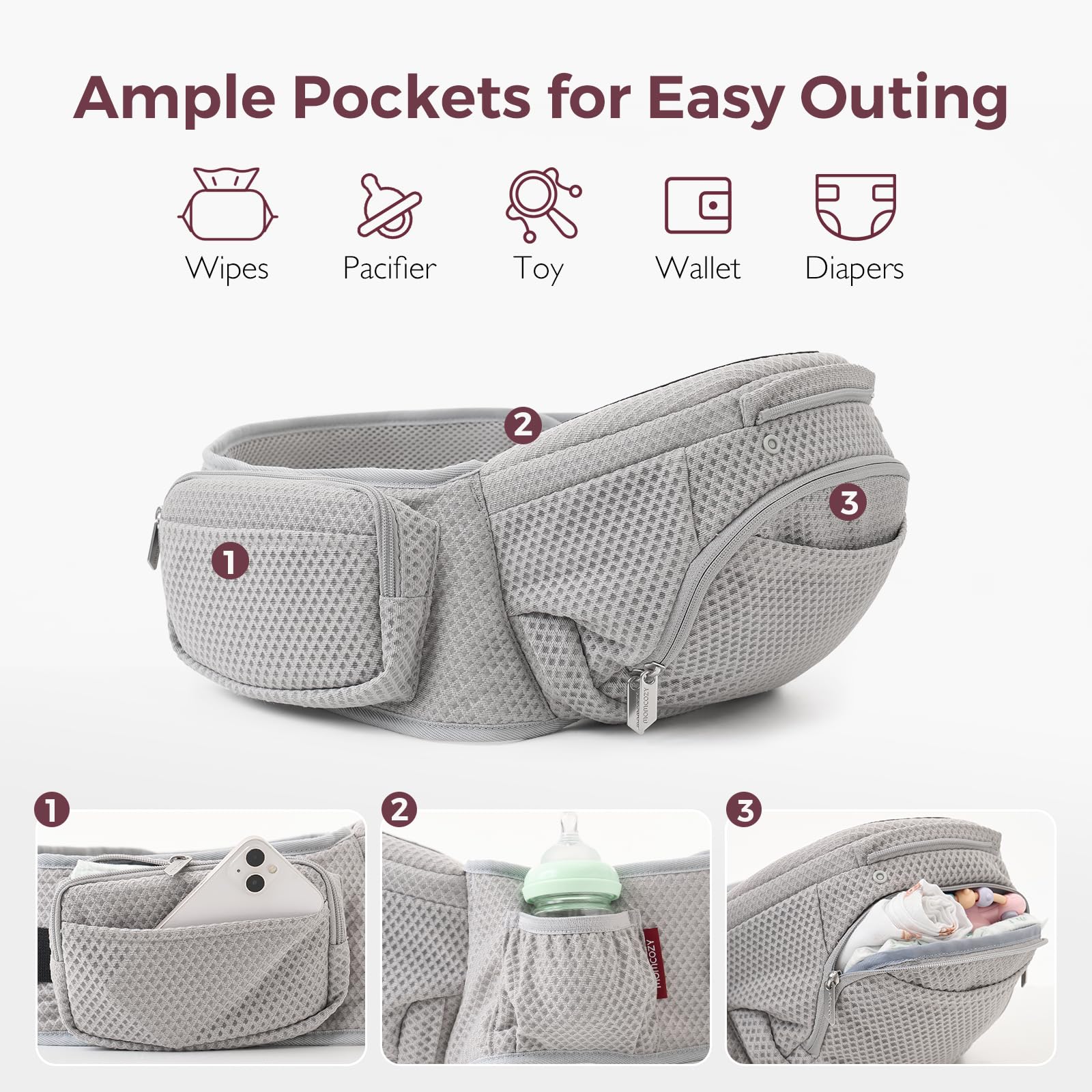 Momcozy cradle-position hip-seat—safe cradle for younger babies learning to observe surroundings.