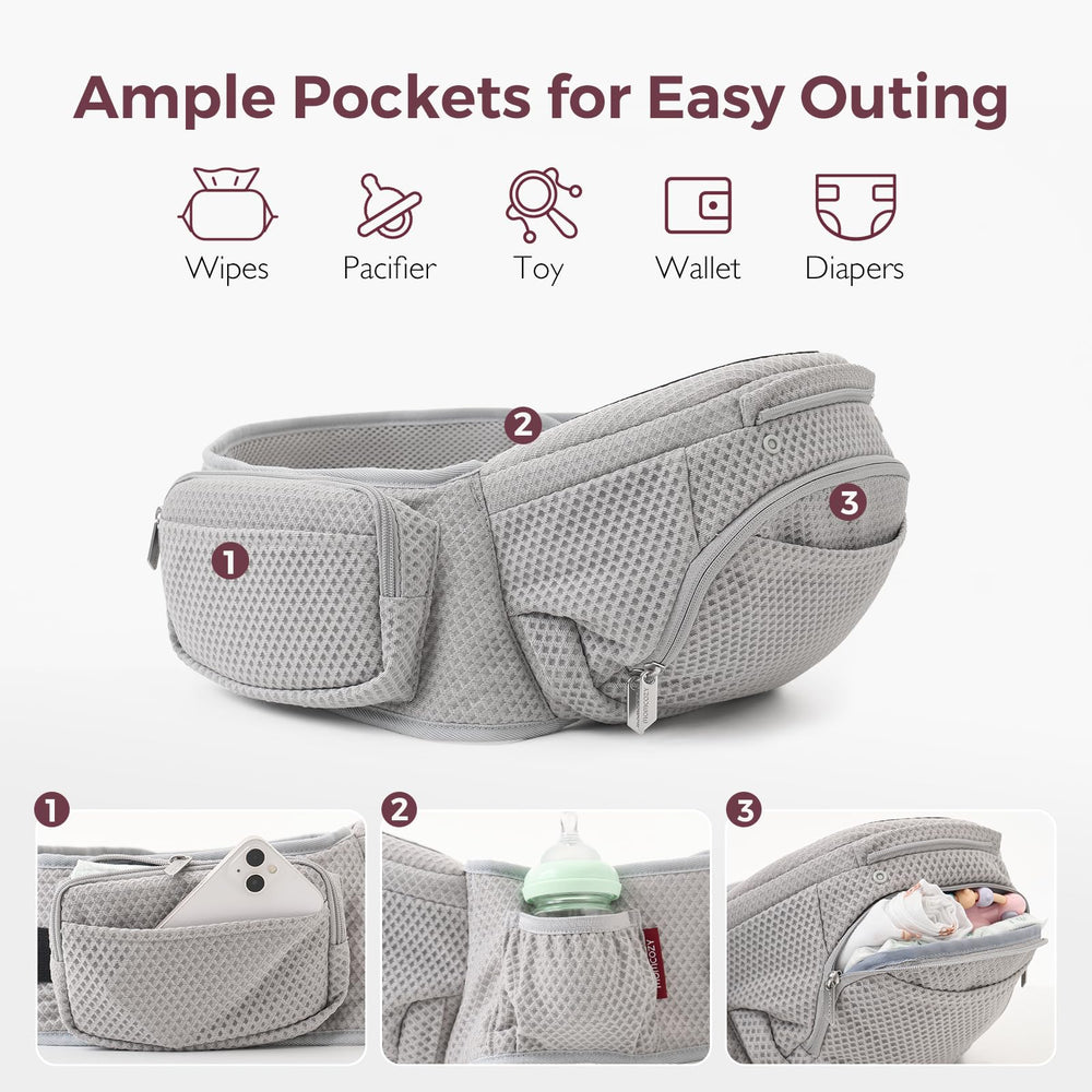 Momcozy cradle-position hip-seat—safe cradle for younger babies learning to observe surroundings.