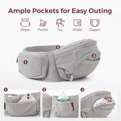 Momcozy cradle-position hip-seat—safe cradle for younger babies learning to observe surroundings.
