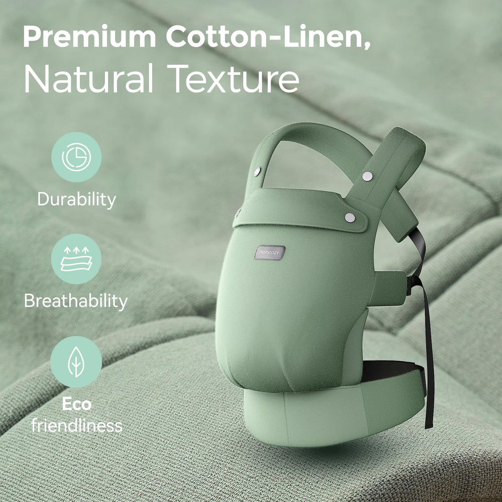 Momcozy baby carrier ergonomic waist support reduces back strain during long wear.