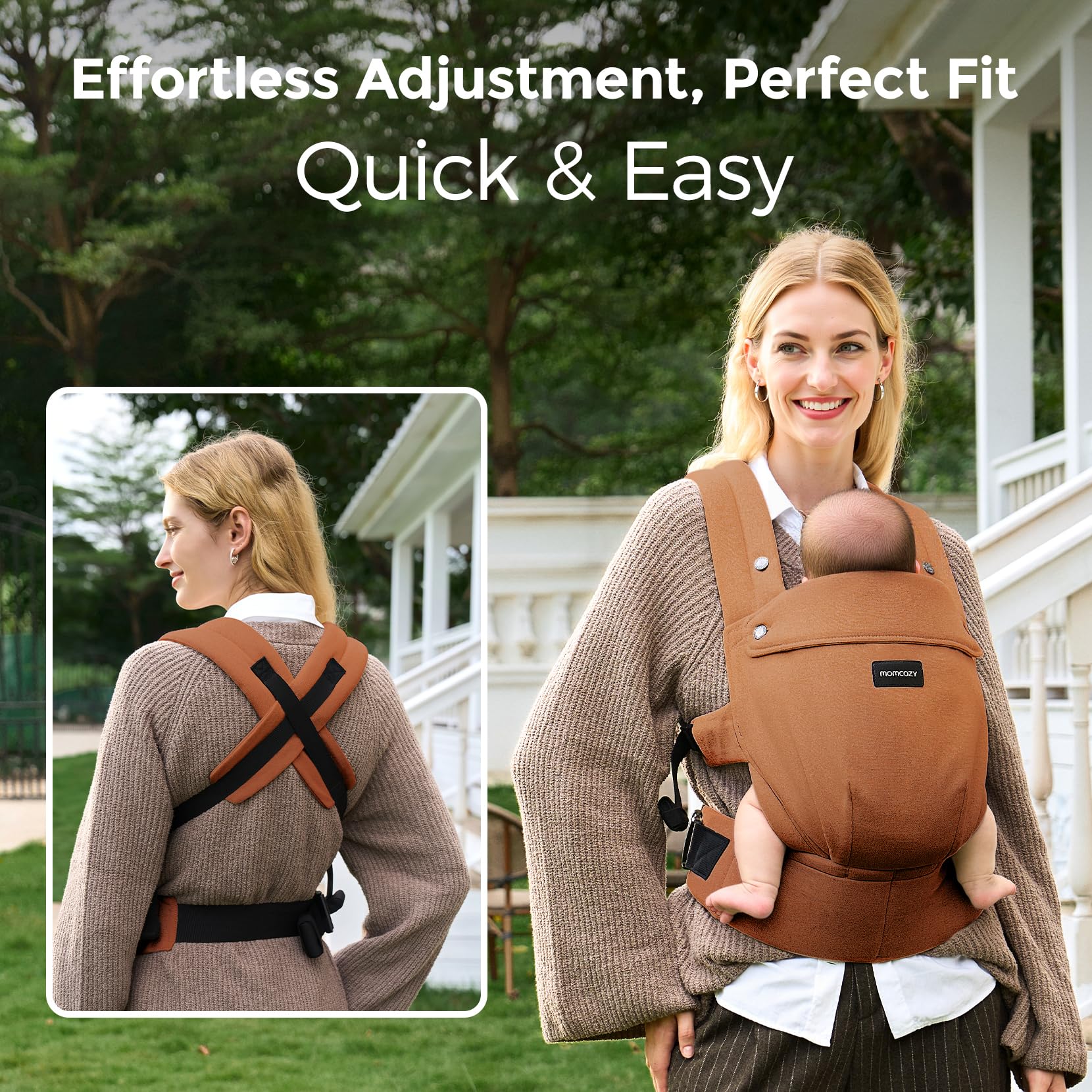 Momcozy baby carrier EVA waist support relieves back strain for long-wearing sessions