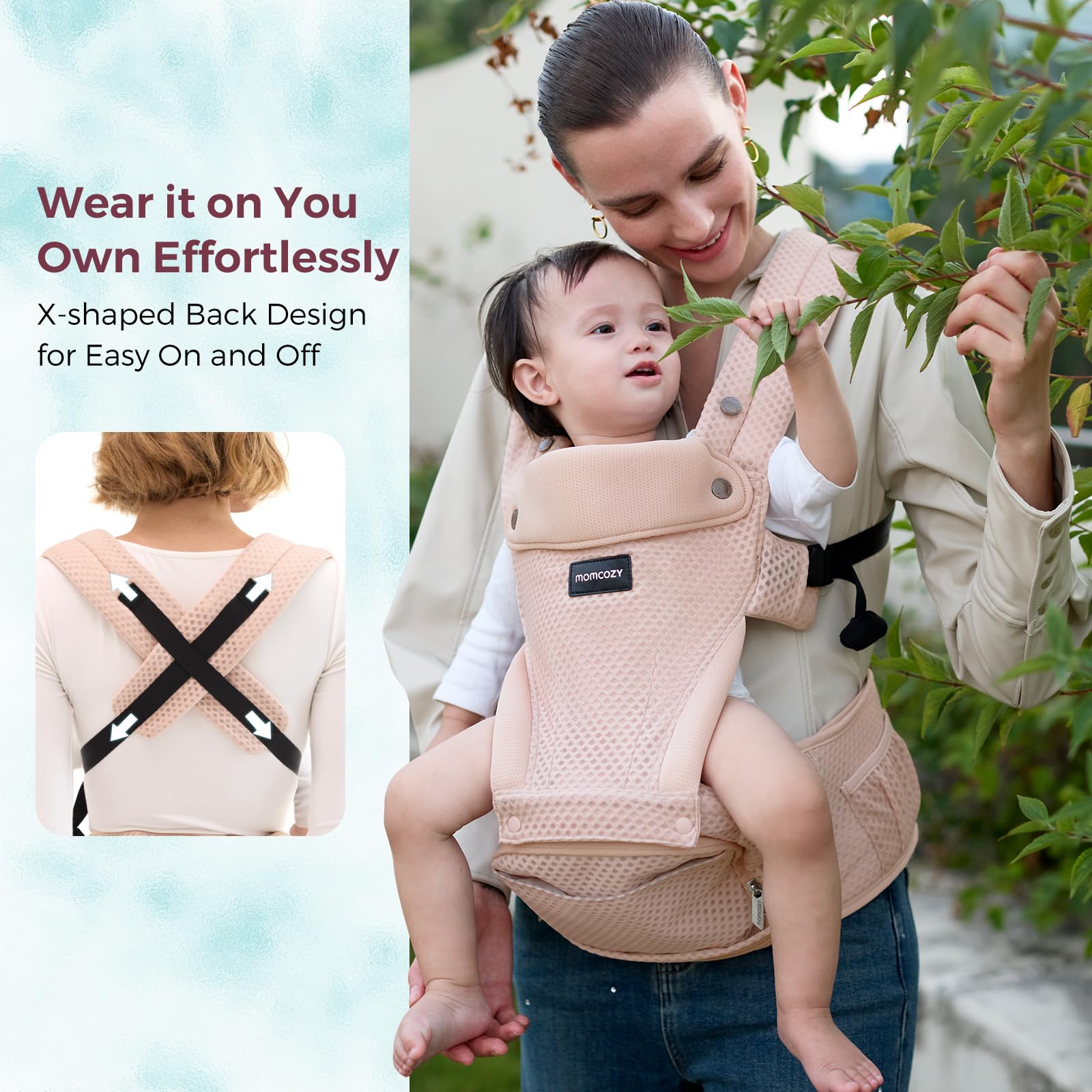 Momcozy carrier worn front-facing with baby looking outward, curiosity ready.