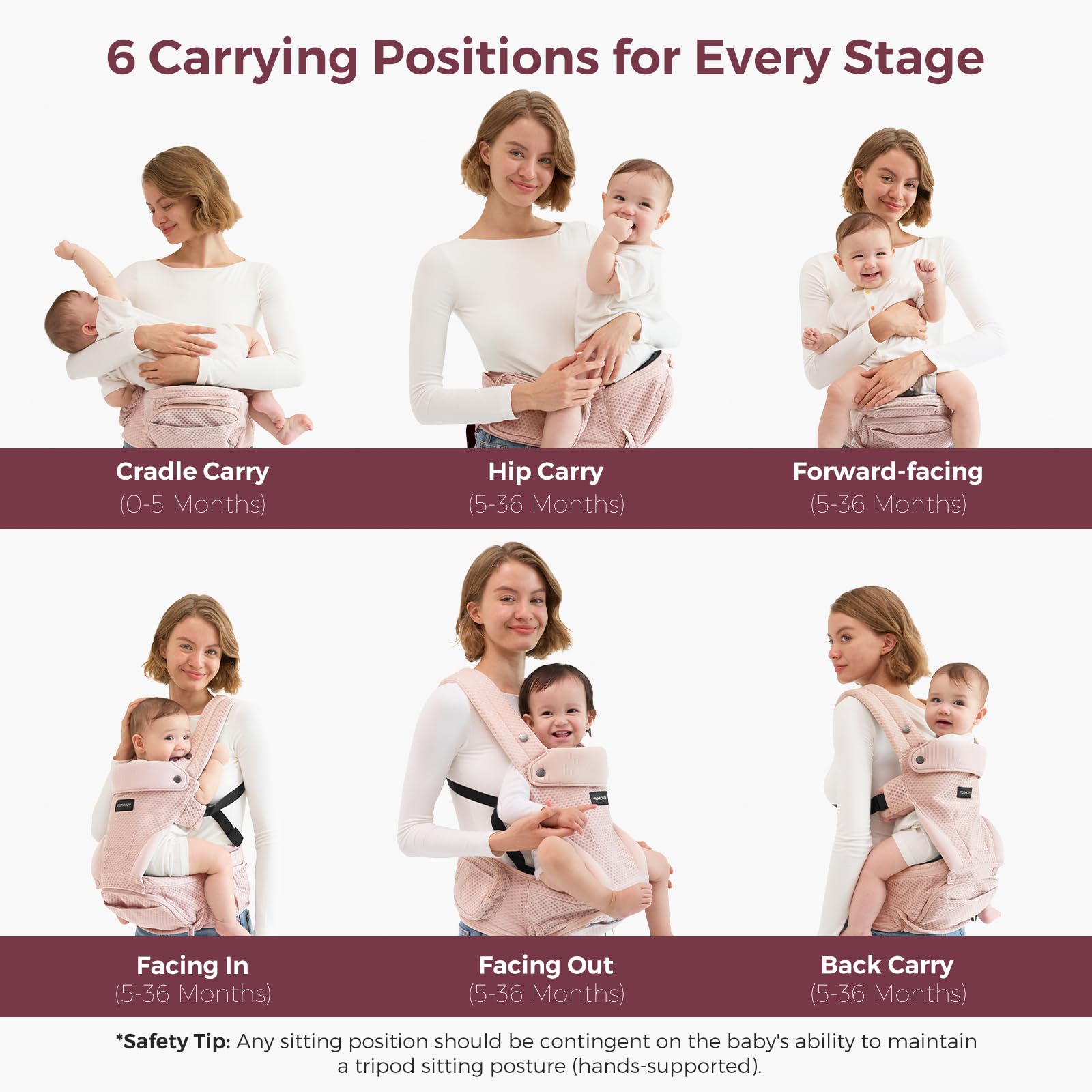 Momcozy hip-seat cushion close-up highlighting 10 mm padding and support.