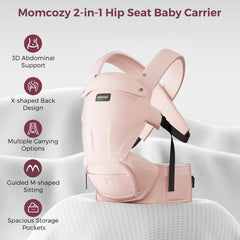 Momcozy hip-seat six-way positions in action for baby exploration.