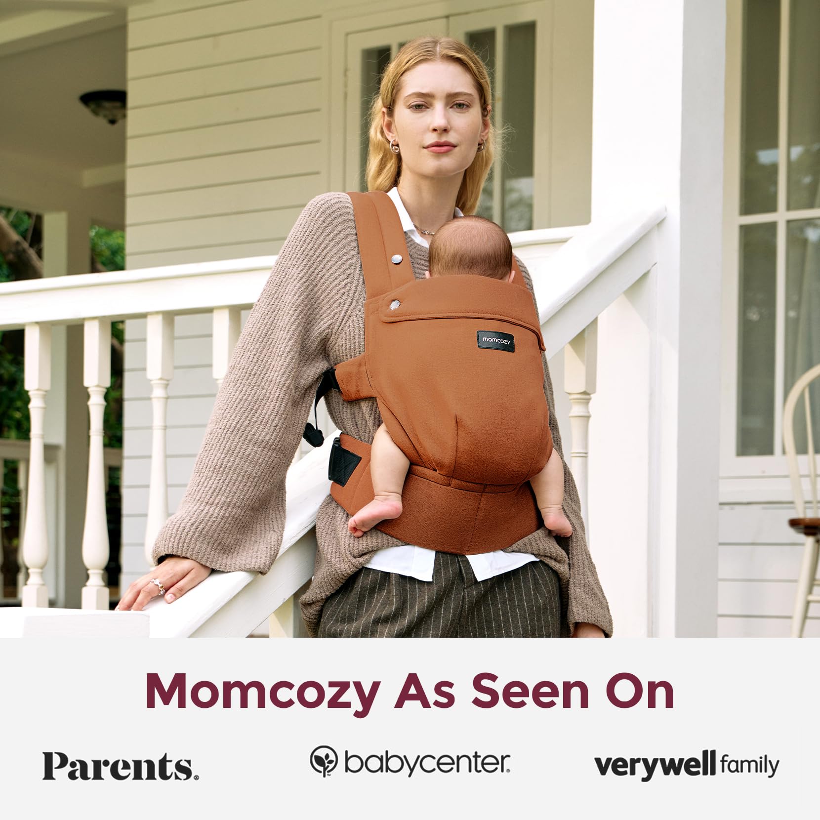 Momcozy baby carrier supports infant to toddler use with ergonomic seating
