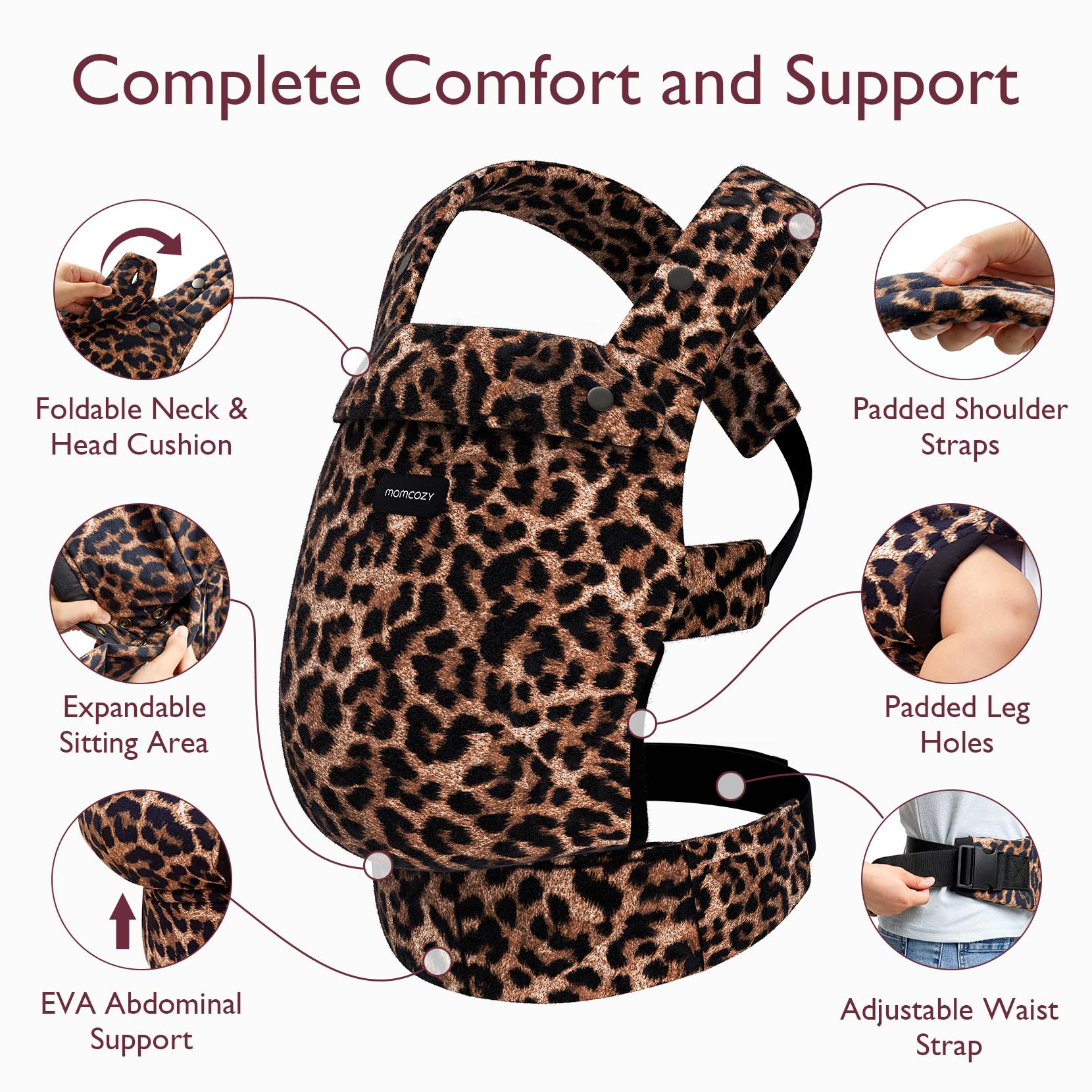 Momcozy Leopard X-back distributes weight for improved comfort for caregiver and baby.