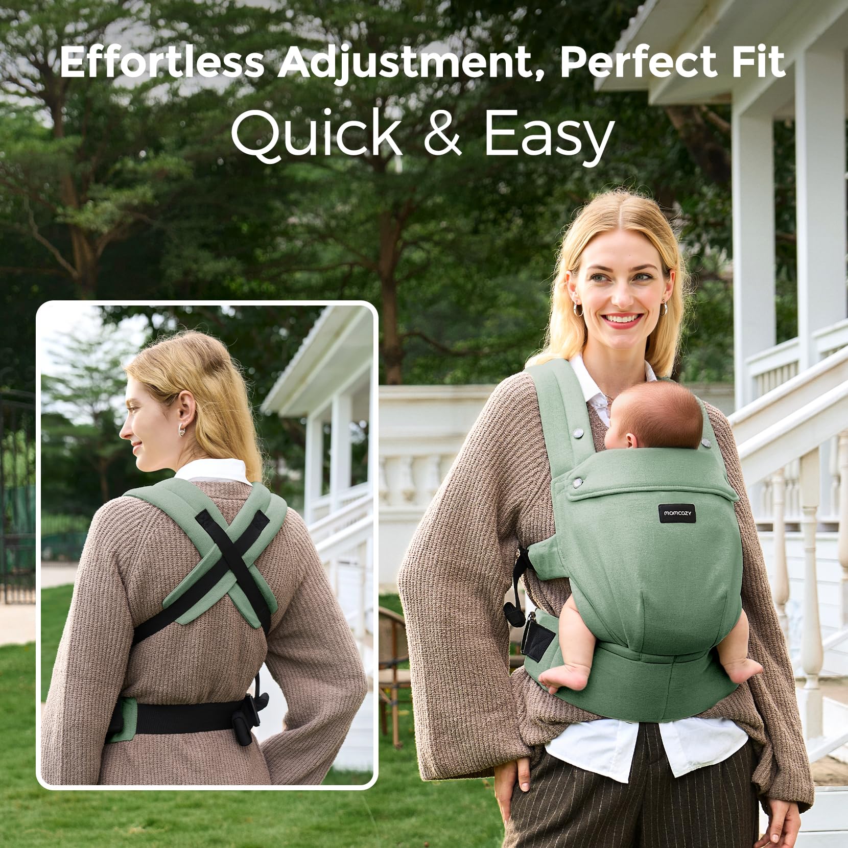 Momcozy baby carrier X-shaped back design distributes weight evenly for comfort.