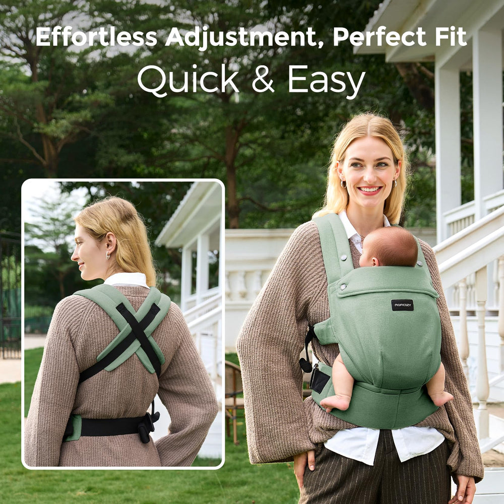Momcozy baby carrier X-shaped back design distributes weight evenly for comfort.