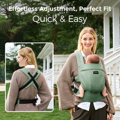 Momcozy baby carrier X-shaped back design distributes weight evenly for comfort.
