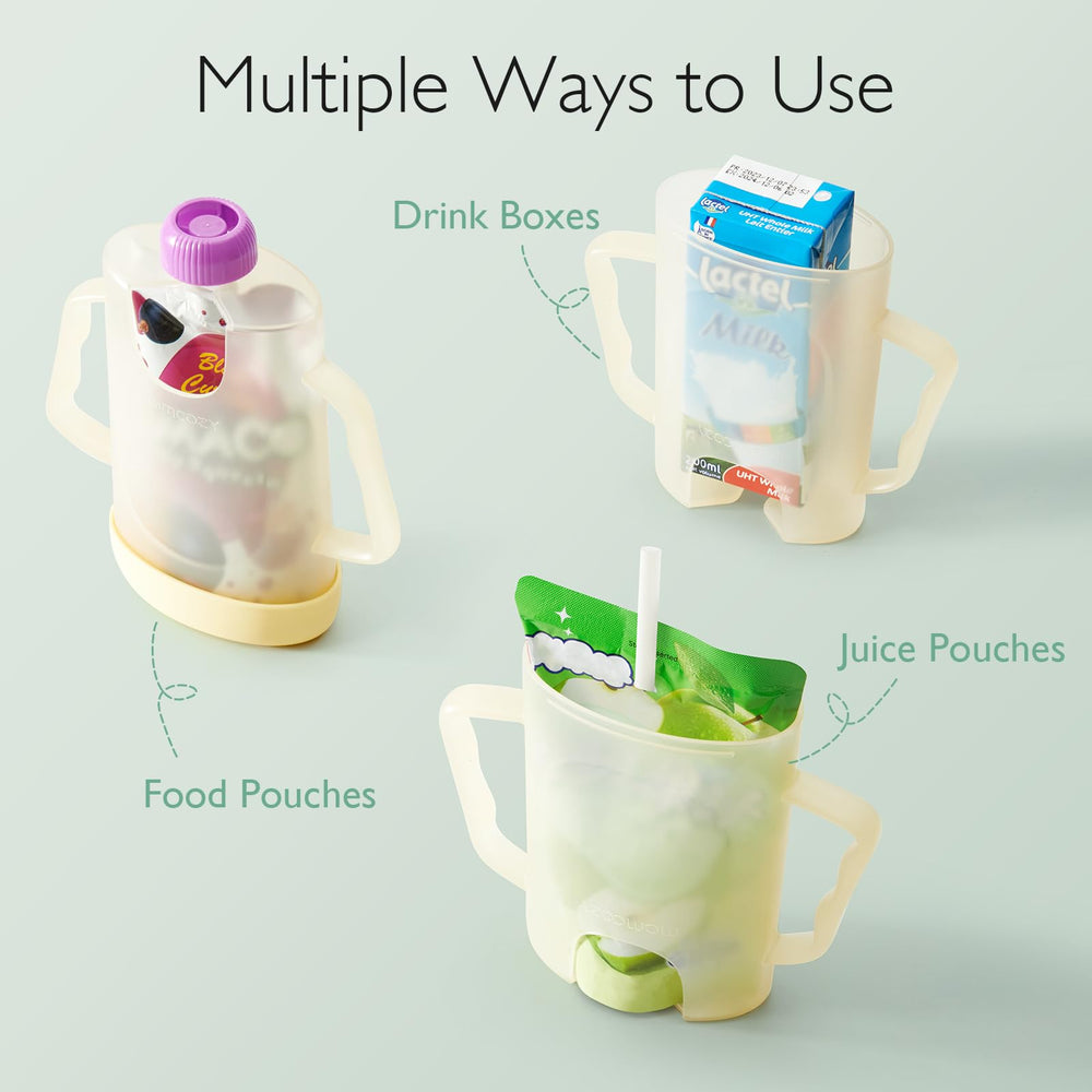 Momcozy yellow pouch holder showing mess-free design to prevent leaks during meals.