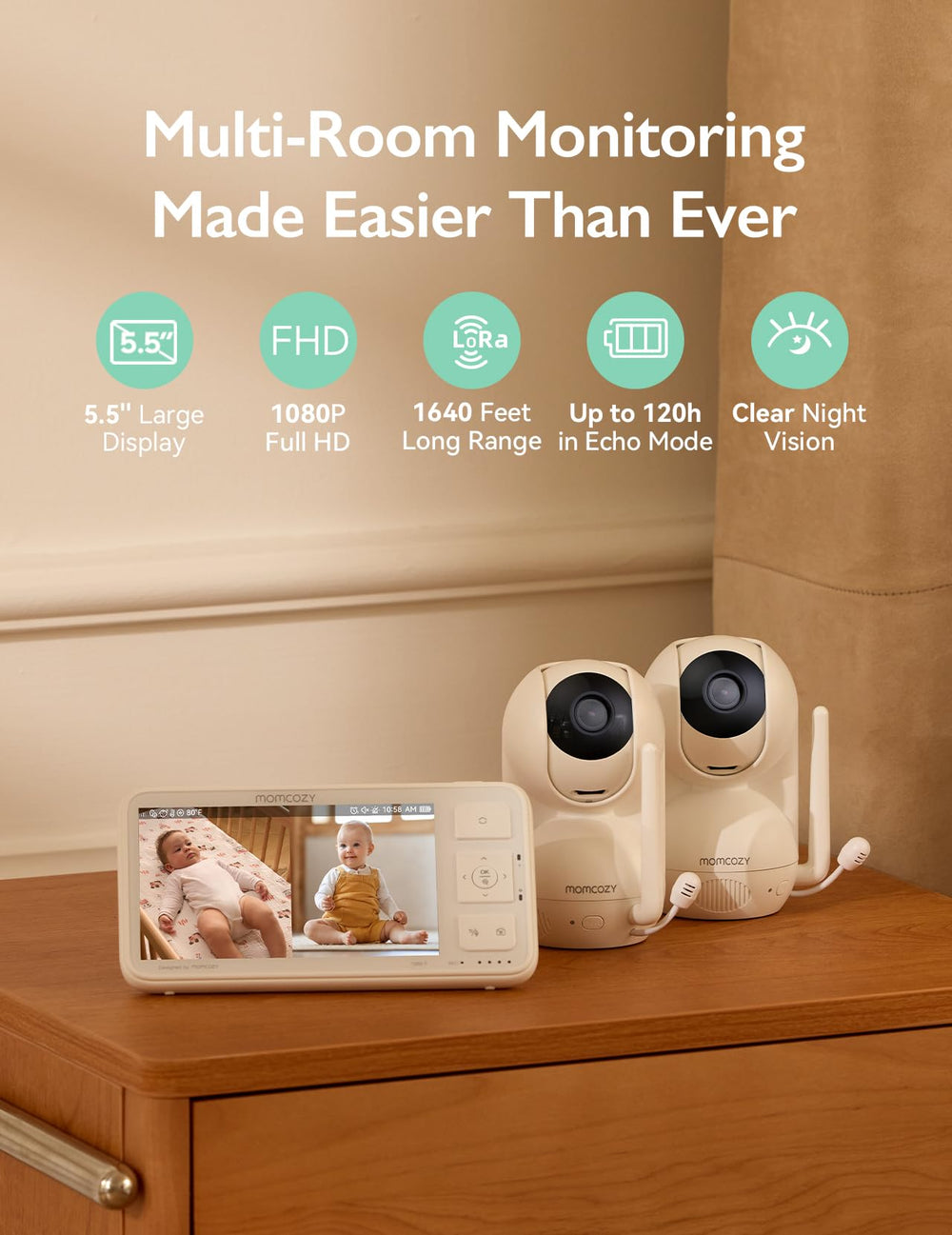 Momcozy monitor shows two cameras for simultaneous monitoring