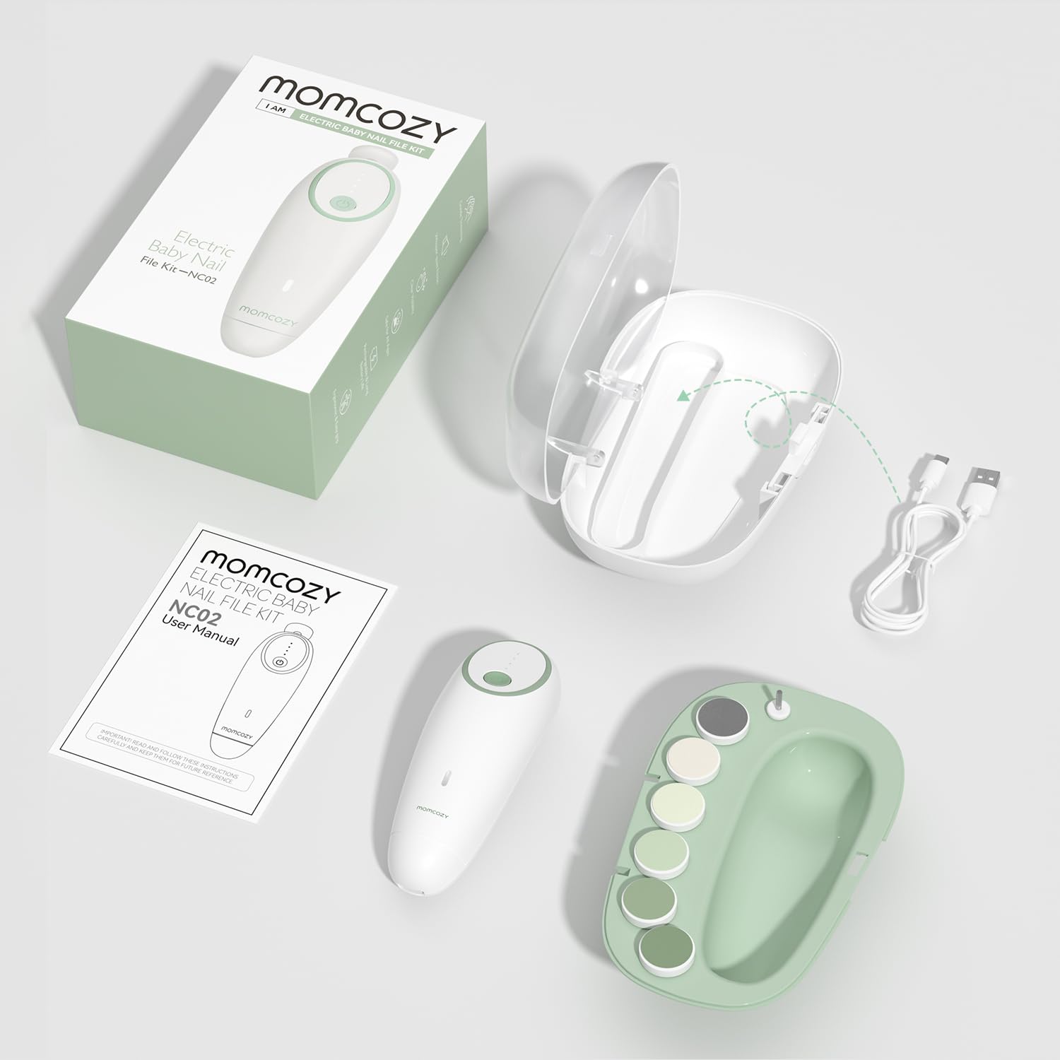 Momcozy Nail File Electric in use at night while baby sleeps
