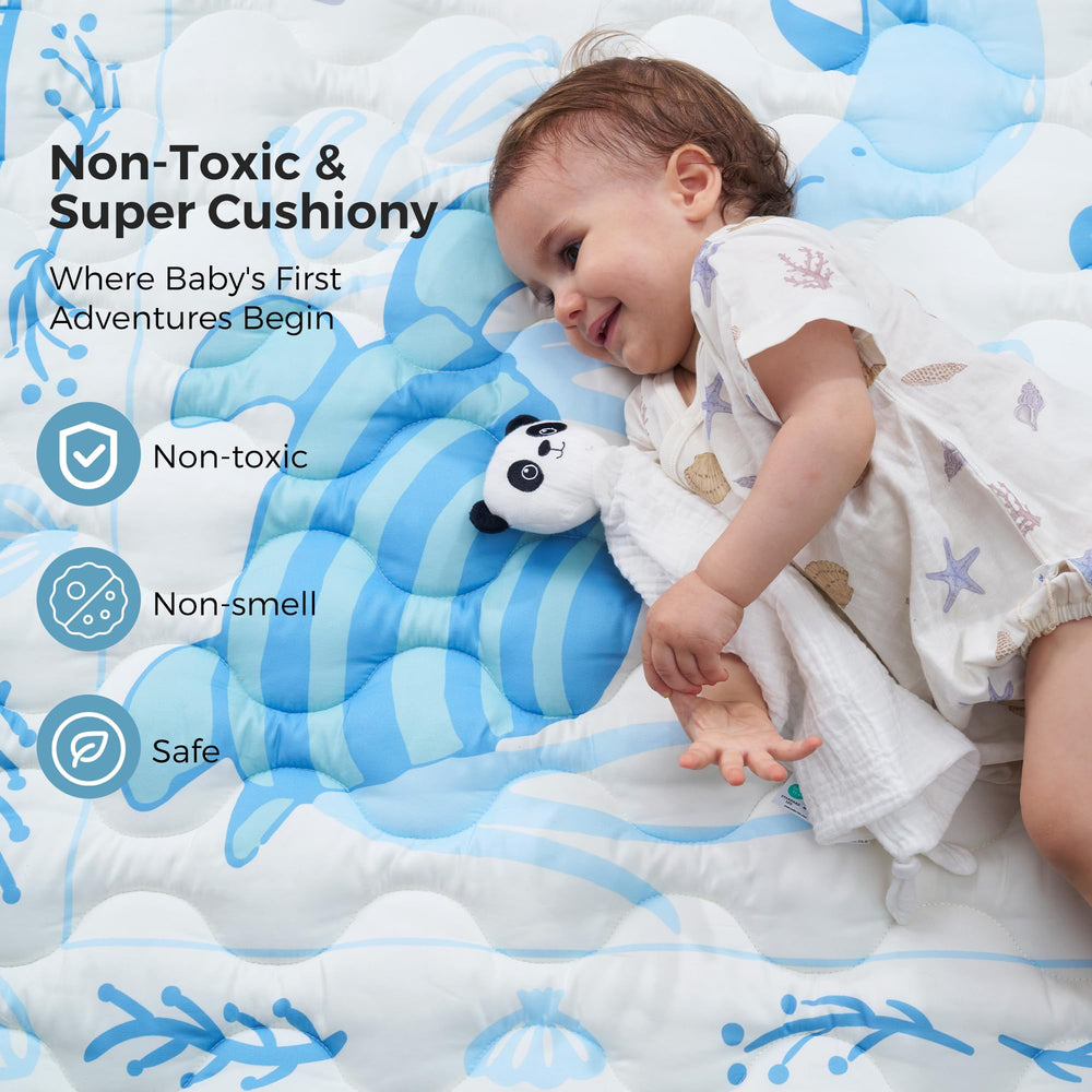 Momcozy play mat with 500gsm padding cushions tiny bumps during play sessions.